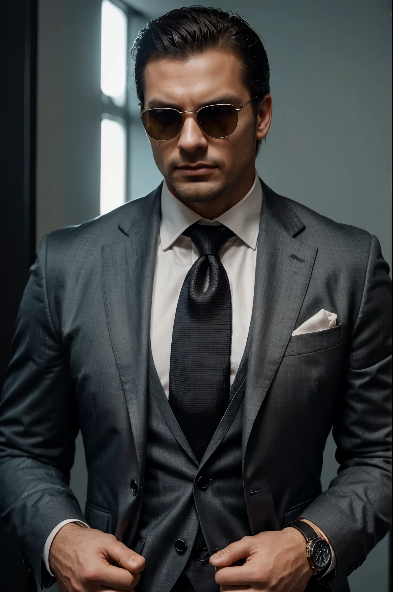 Create a hyper-realistic image of a virile businessman reminiscent of Andrew Tate. He should exude confidence and strength, with a muscular build and a sharp, commanding presence. Dress him in an impeccably tailored suit, with a stylish tie and accessories like a luxury watch and sunglasses. Position him in a modern, upscale office environment or next to a high-end sports car, reflecting his success and alpha personality. Ensure the overall vibe is powerful and sophisticated, capturing his authoritative and charismatic demeanor.