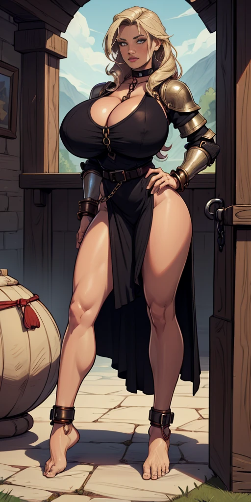 full body, barefoot, solo, female, big breast ,linen tunic, fantasy village, armor, handcuffs on their hands with a collar around the neck, hands on hips, slave ((black choker, shackles on legs and arms))