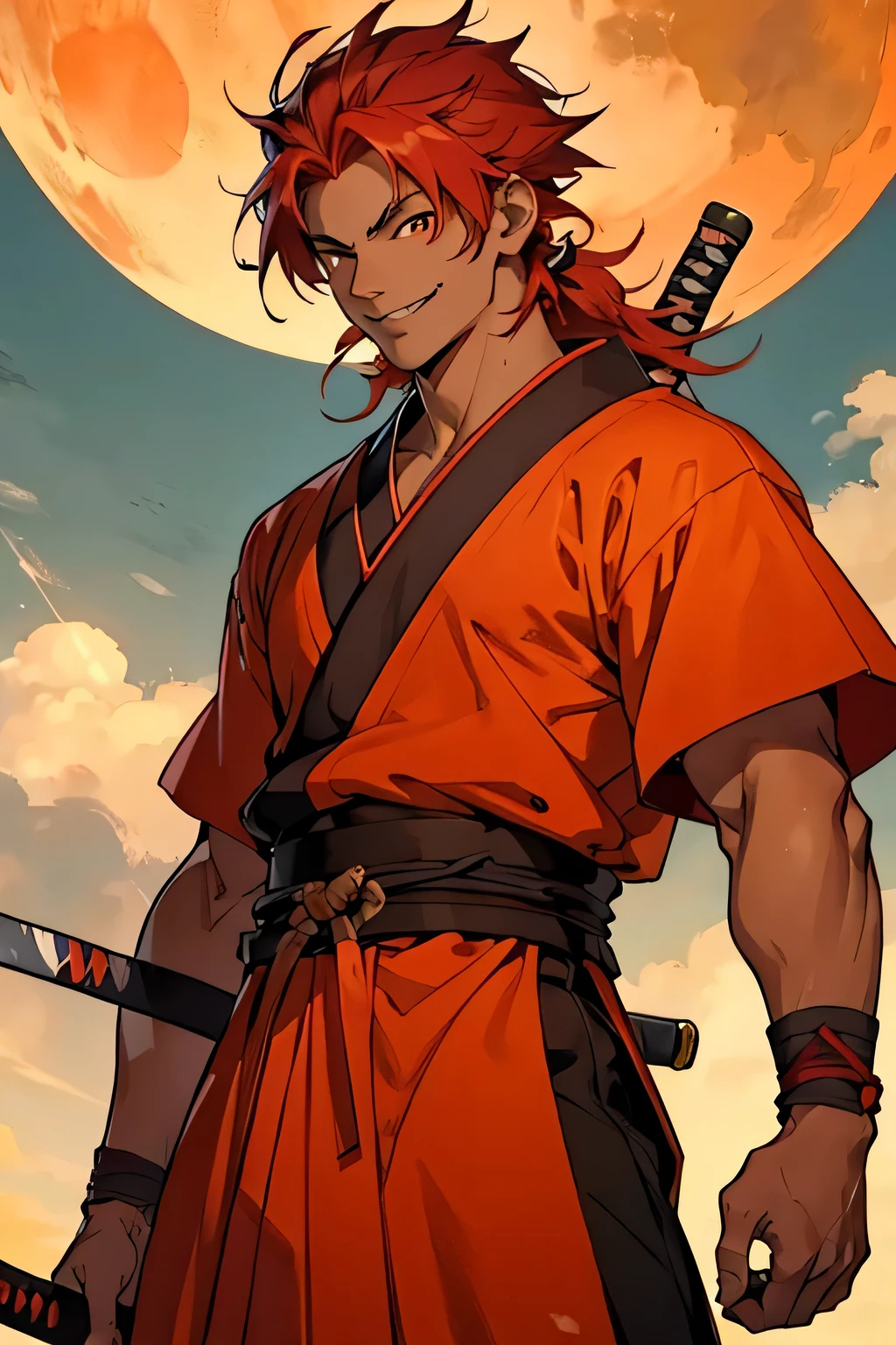 man, tanned skin, smile, strong, red hair, anime style, style, orange eyes, slim, athletic, men's clothing from feudal japan, holding a katana