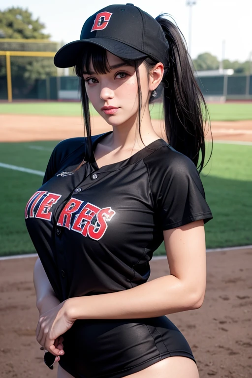 long hair, black hair, bangs, ponytail, beautiful, beautiful woman, perfect body, perfect breasts, huge breasts, naked breasts,  wearing black softball uniform, wearing a black softball hat, on the softball field, holding a softball, looking at viewer, slight smile, realism, masterpiece, textured skin, super detail, high detail, high quality, best quality, 1080p, 16k