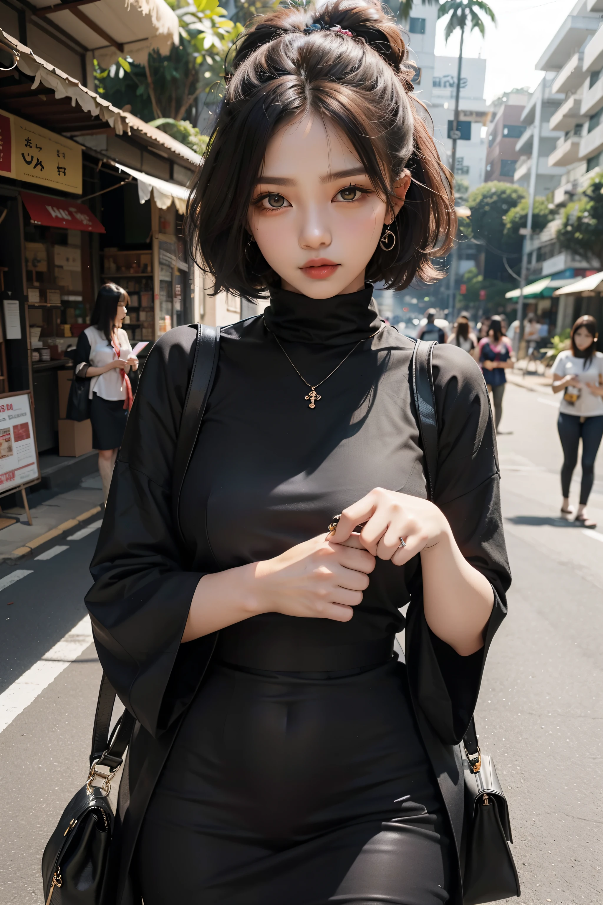 Seorang wanita cantik, berambut panjang, memakai anting-anting bulan, mengenakan baju hitam, pemandangan di taman.