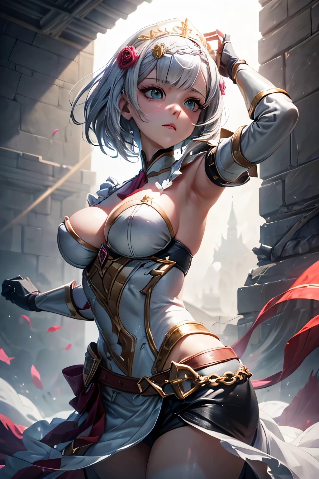 A masterpiece image of Noelle with the best quality, capturing every single detail and showcasing her stunning beauty. The image should have a high level of realism and photorealism. Noelle has a bob hairstyle, a serious expression on her face, and her hands raised up to the sky. She exudes determination and a strong aura. The scene is set on a battlefield with bright overall lighting and a backlighting effect. There is a dense fog that adds a fantastical atmosphere to the image. Noelle's body lines are beautiful and well-defined, emphasizing her slender figure. Her breasts are small but exquisitely beautiful, with a gorgeous cleavage that adds to her allure. The overall color tone of the image should be vibrant and vivid. The lighting should create a dramatic effect, enhancing the mood and emphasizing Noelle's presence. The image should be ultra-detailed, with a resolution of 4K or even 8K, making it a true masterpiece.