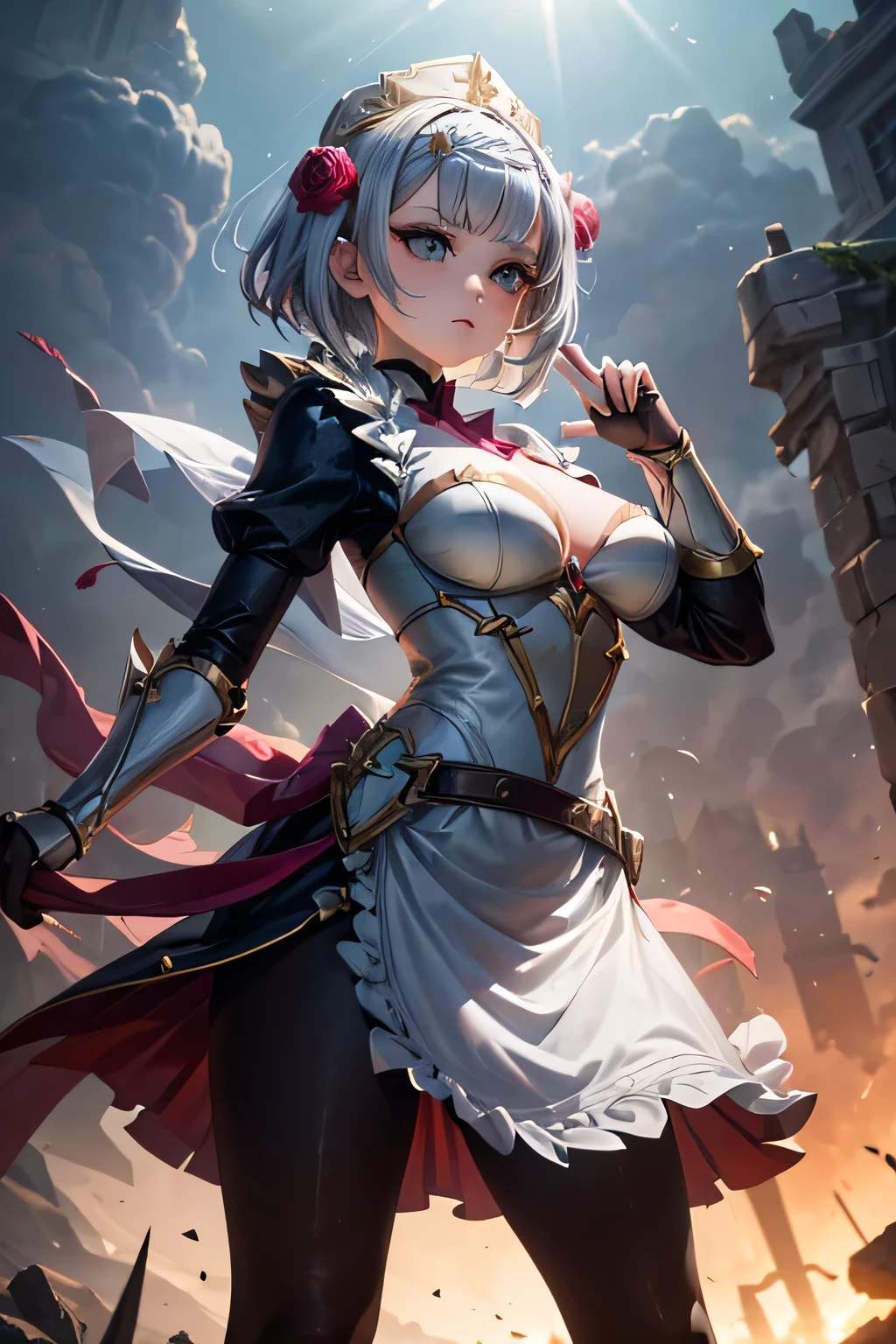 A masterpiece image of Noelle with the best quality, capturing every single detail and showcasing her stunning beauty. The image should have a high level of realism and photorealism. Noelle has a bob hairstyle, a serious expression on her face, and her hands raised up to the sky. She exudes determination and a strong aura. The scene is set on a battlefield with bright overall lighting and a backlighting effect. There is a dense fog that adds a fantastical atmosphere to the image. Noelle's body lines are beautiful and well-defined, emphasizing her slender figure. Her breasts are small but exquisitely beautiful, with a gorgeous cleavage that adds to her allure. The overall color tone of the image should be vibrant and vivid. The lighting should create a dramatic effect, enhancing the mood and emphasizing Noelle's presence. The image should be ultra-detailed, with a resolution of 4K or even 8K, making it a true masterpiece.