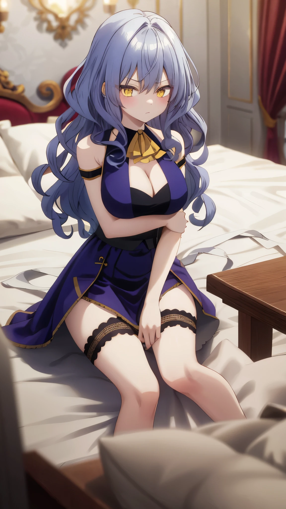 One girl with wavy hair, bangs, yellow eyes, looking at viewer, blushing, embarrassed, serious expression, indoor, bedroom, dress, dress, long hair, ascot, large breasts, cleavage, sleeveless dress, thigh, sitting, kneeling pose, bare legs, mid-chest, day atmosphere, hair ornament, medium breasts,  focus, blurry background, mature female, stocking