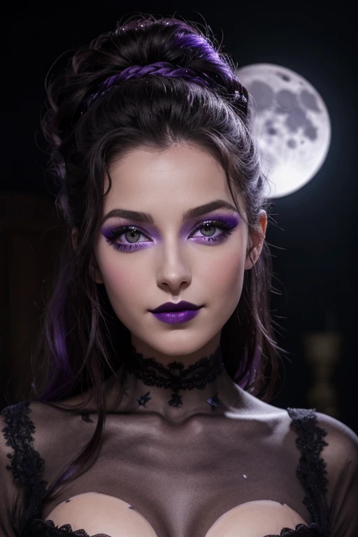 Jeune femme de 25 ans, visage fin, cheveux long, yeux marrons, HD, 8K, masterpiece, sourire romantique, sexy, mascara noir, maquillage noir, black lips, tenue gothique, vêtements noirs et violets, toile d'araignée en dentelle, cheveux noirs et violets, dans un manoir, bodypainting, purple paint, dracula, orage, moon light