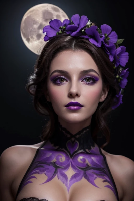 Jeune femme de 25 ans, visage fin, cheveux long, yeux marrons, HD, 8K, masterpiece, sourire romantique, sexy, mascara noir, maquillage noir, black lips, tenue gothique, vêtements noirs et violets, toile d'araignée en dentelle, cheveux noirs et violets, dans un manoir, bodypainting, purple paint, dracula, orage, moon light