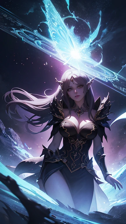 ((detailed)), ((masterpiece)), ((best quality)), ((Exquisite)), (Astounding), ((Spectacular)), Fantasy, Sorceress of the Moon, Spells, Sorceress, Digital artwork, Digital illustration, Digital masterpiece, Dramatic lighting, Intense lighting, Dynamic light, High contrast illumination, Low-light photography, Creative bokeh