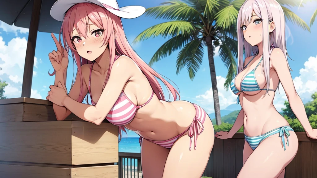 Anime girls, mittel lange Rosa Haare, gestreiften Bikini, Brustwarzen sichtbar, Bikini is pink white striped, das Anime girls hat blaue Augen, Beautiful lips, perfect thighs and hips, large , has a slight redness in the face, Mund offen, steht vorgebeugt, Hintergrund Promenade