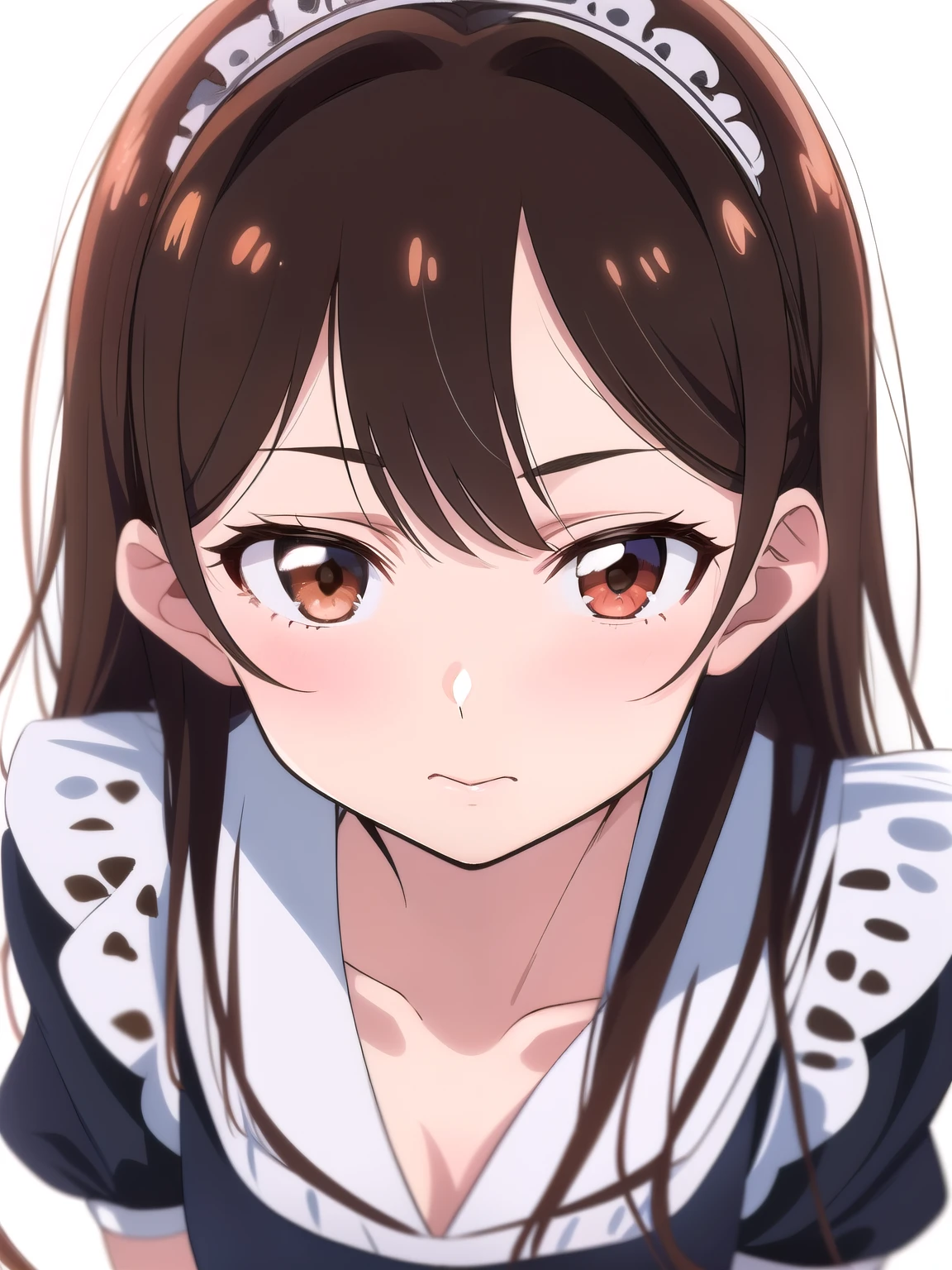 (1 woman), (brown eyes), (Intricate iris detailing), (front), (girl dressed as a maid), (Lower your eyes), (Chizuru Mizuhara), (White background)