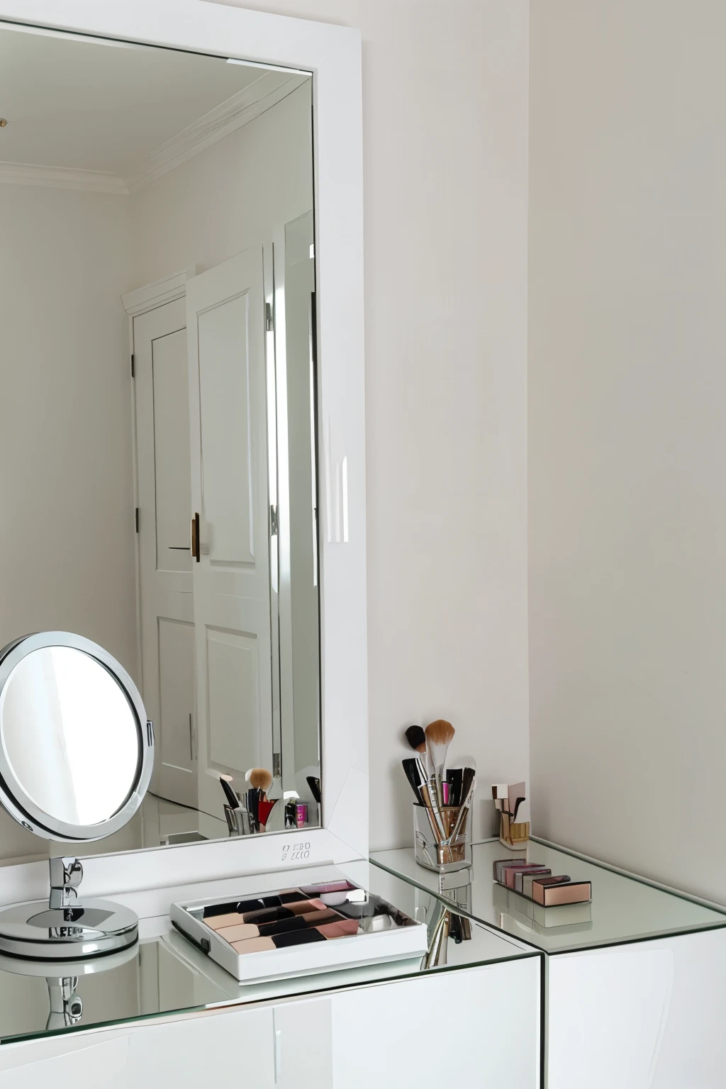 Realistic, mirror, make-up kit, white room 