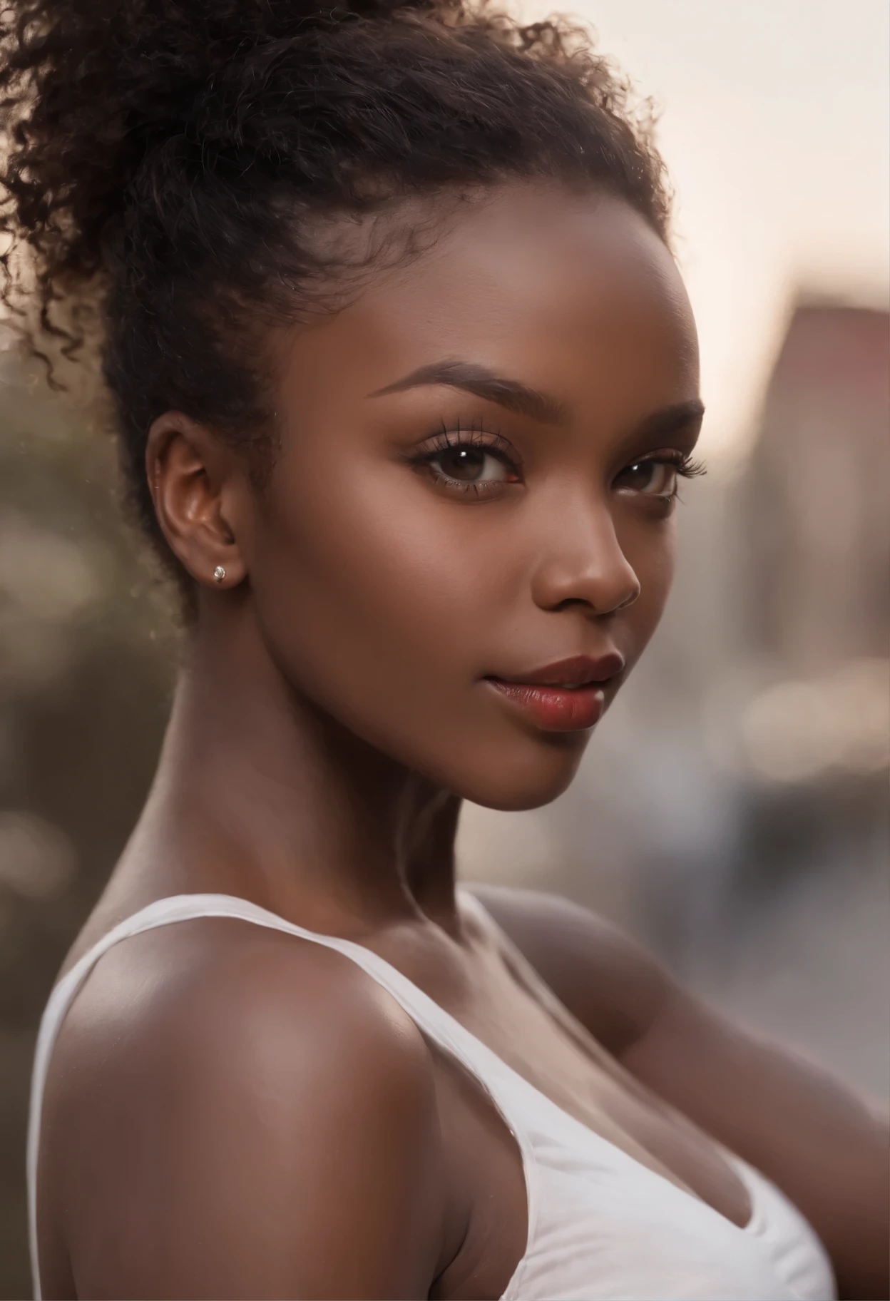 ((Dark African skin, Very deep ebony skin)), ((Its beauty is undeniable)), ((Excited cute face)), ((Hyper detailed perfect eyes,)), ((pose mignonne)), ((Langue sortie)), ((Seductive )), sexy, (( Tight mesh shirt, shorts courts sexy)), ((Afro ponytail with long African curly hair,)), (( peau)), (( gros seins )), ((debout, vue de face)), ((toucher ses propres jambes dans une pose sexy)), ((dehors, Ville publique)), Sharp Focus CGI, photoreallistic, High detail, Realstic, Masterpiece, absurdes, Best quality, Hdr, High quality, high-definition, Extremely detailed, 8k wallpaper, Intricate details, 8K UHD, Full-HD, (photo realist:1.2), contraste, intense illumination, lighting cinematic, natural lighting, hard light, contre-jour, Illumination globale, occlusion ambiante, bare ebony spread to show dirty, Workwear, Elegant, respectueuse, with red lipstick.