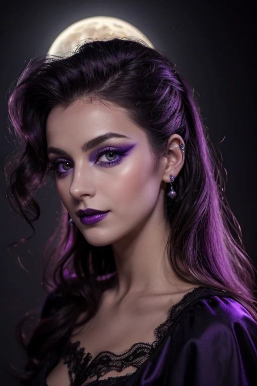 Jeune femme de 25 ans, visage fin, cheveux long, yeux marrons, HD, 8K, masterpiece, sourire romantique, sexy, mascara noir, maquillage noir, black lips, tenue gothique, vêtements noirs et violets, toile d'araignée en dentelle, cheveux noirs et violets, bodypainting, purple paint, dracula, nude, full purple and black bodypainting