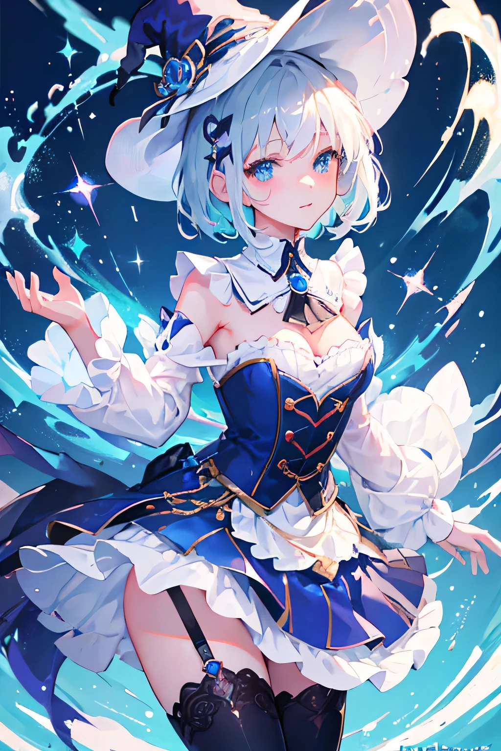 "Generate a picture of a cute girl，She has stunning short white hair，Spread around her, Her sparkling blue eyes sparkled with warmth and mischief. Dressed in witch costume, She exudes a playful charm, Accessorize her outfit with quirky accessories. 