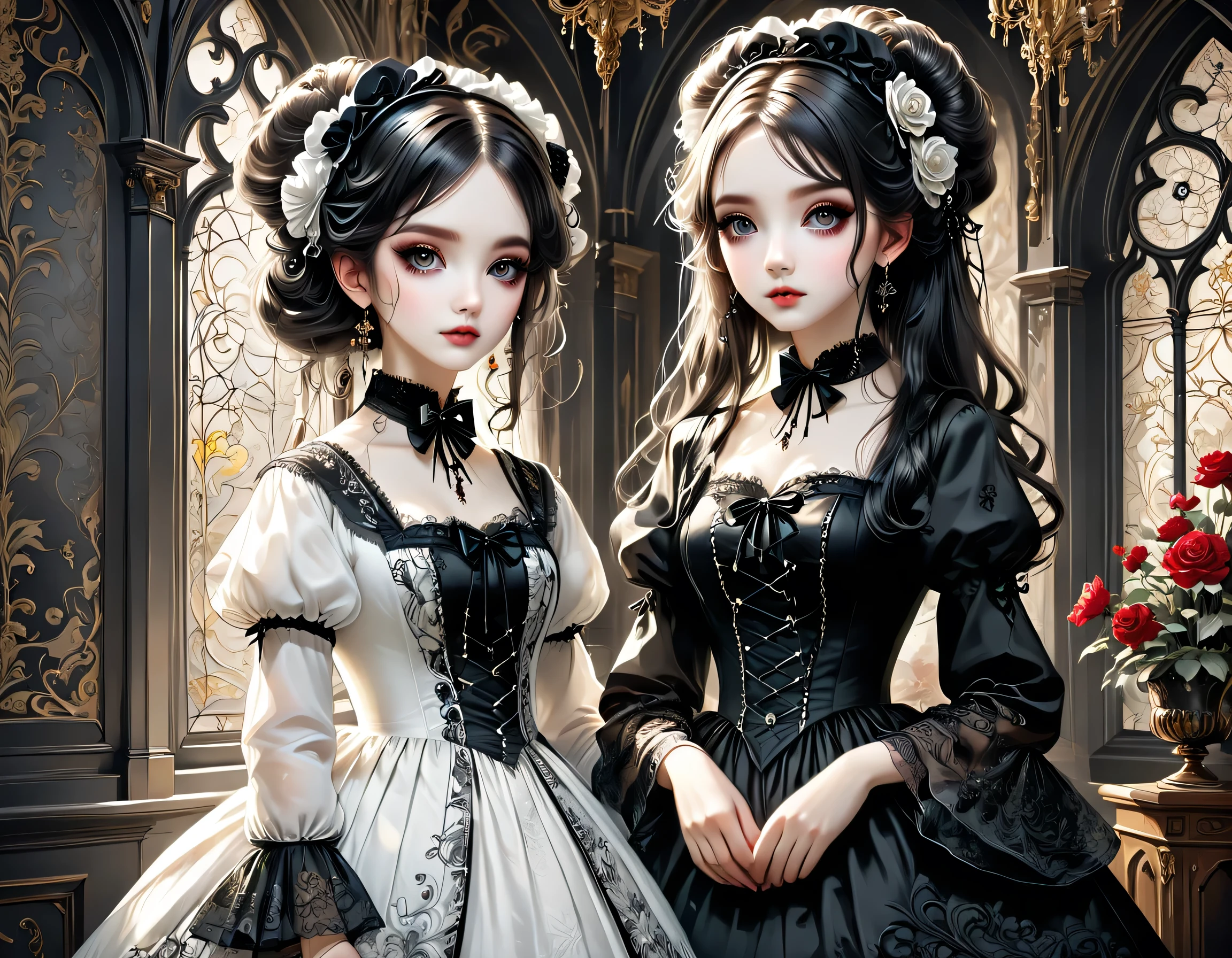 Gothic horror paintings,((Two beautiful girls standing:Symmetric:Gothic ****ta:************:Ephemeral:((Two beautiful girls)):cute:Adorable:Perfect Face:White:eyelash:Big eyes,Smooth Skin)),Gothic House,Looking Back,black and white,scary but beautiful,Gothic Beauty,Expressing beautiful madness,Shrouded in mystery,Placing dark clouds that foreshadow tragedy in a beautiful gothic house,,detailed,Use red as an accent color,Race,embroidery,Detailed pattern,rendering,Designer House,Luxury Homes,nice,quiet,Beautiful light and shadow,Gothic Room,Golden Ratio,Anatomically correct,Rococo,BREAK,(The girl on the right(Black Dress)Gothic ****ta),BREAK,(The girl on the left(White Dress)Gothic ****ta),BREAK,embroidery,Detailed pattern,Complex details,rendering,Zentangle Elements,Beautiful Gothic Horror,masterpiece,The best masterpiece,Carefully draw down to the smallest detail,Gothic Housedetailed,Light from the window,Beautiful light and shadow,Gothic Makeup