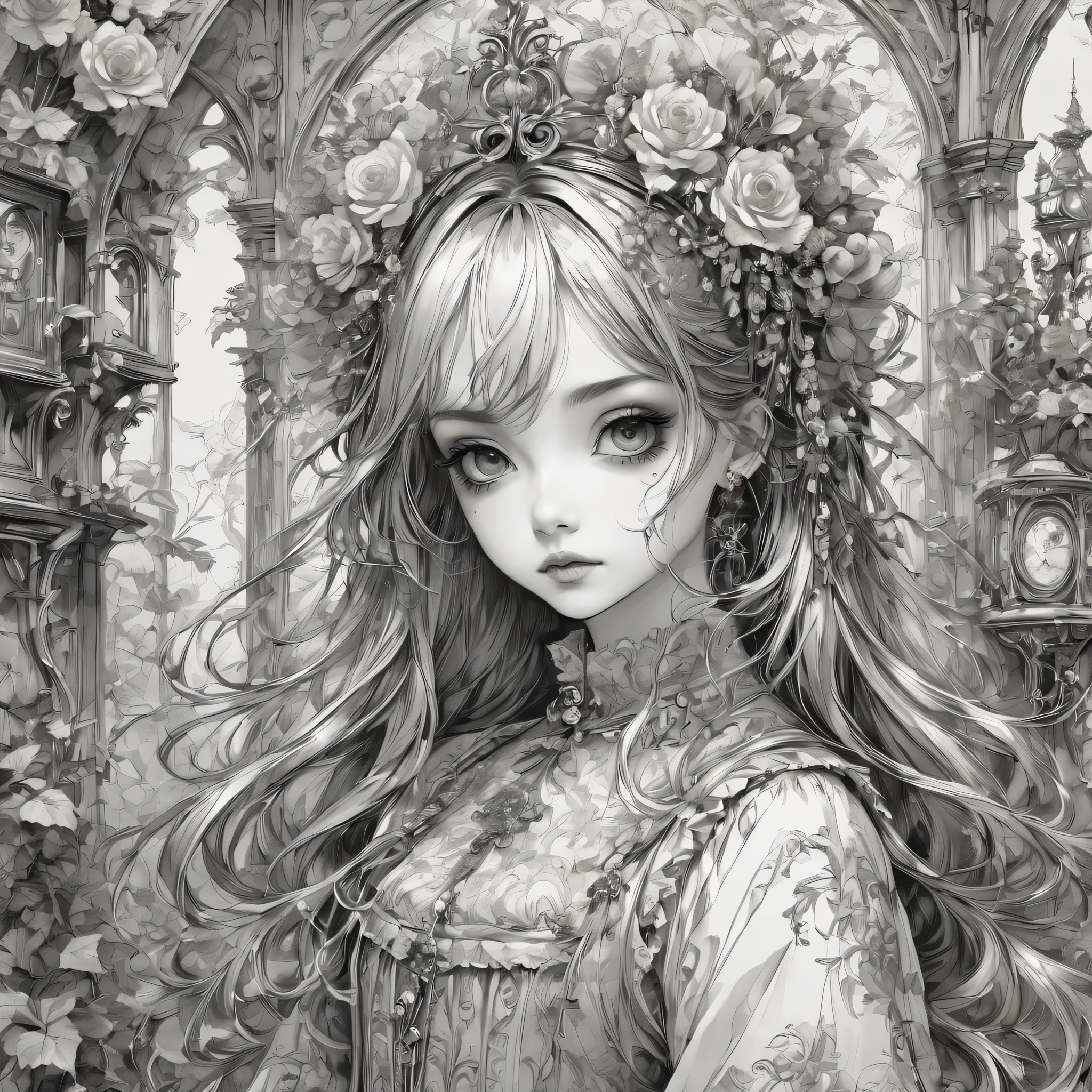 Gothic horror paintings,((Beautiful girl standing:Gothic Lolita::Ephemeral:beautiful girl:cute:Adorable:Perfect Face:white:eyelash:Big eyes)),Gothic House,Recall,Black and white,scary but beautiful,Gothic Beauty,Expressing beautiful madness,Shrouded in mystery,Placing dark clouds that foreshadow tragedy in a beautiful gothic house,,detailed,Use red as an accent color,Race,embroidery,Detailed patterns,rendering,Designer House,Luxury Homes,Nice,quiet,Beautiful light and shadow,Gothic Room,Golden Ratio,Anatomically correct,Rococo