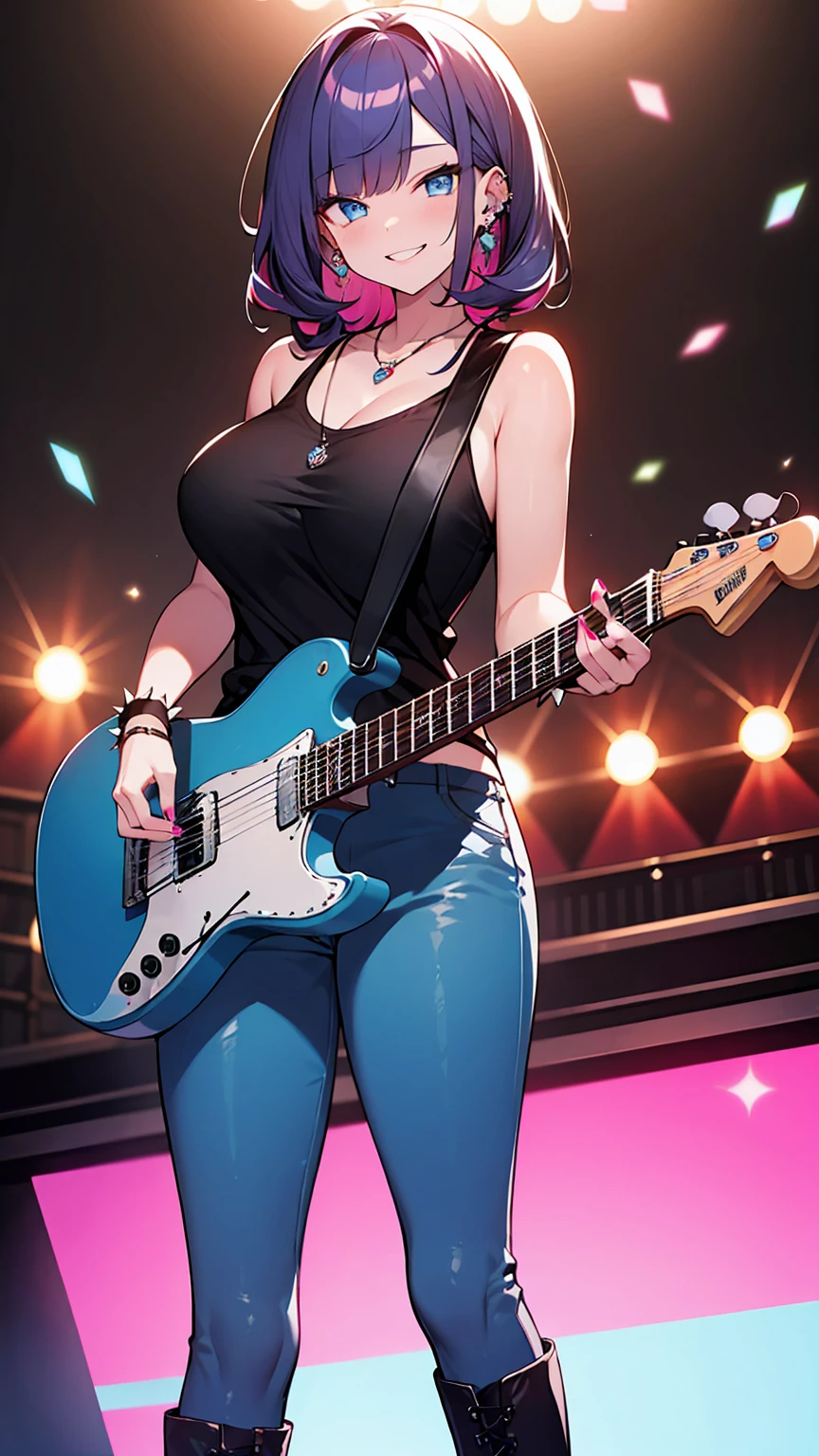 highest quality、4k、masterpiece、Purple spiky hair、Slanted Eyes、blue eyes、Gal、Black camisole、topless、Sapphire Necklace、Have many ear piercings、Pink Lips、Heavy makeup、Big Breasts、Blue pants、Knee-high boots、Playing guitar live、mockingbird guitar、A beautiful stage with neon lights、Wink、Ruthless smile、Red nails