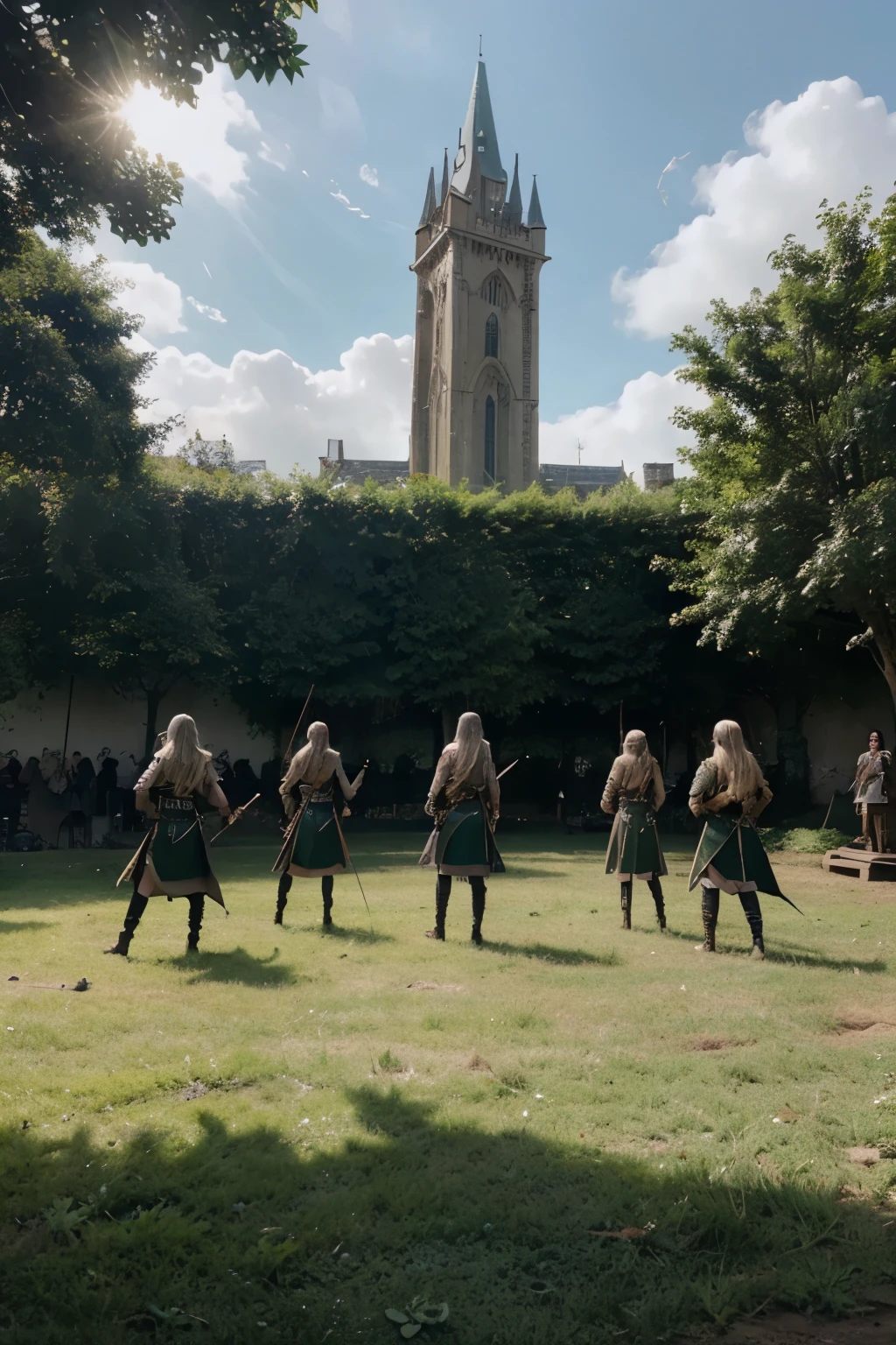 "A squad of beautiful elven archers, with a crooked tower in the background, bones at their feet, life bars and level numbers above their heads like in a game."