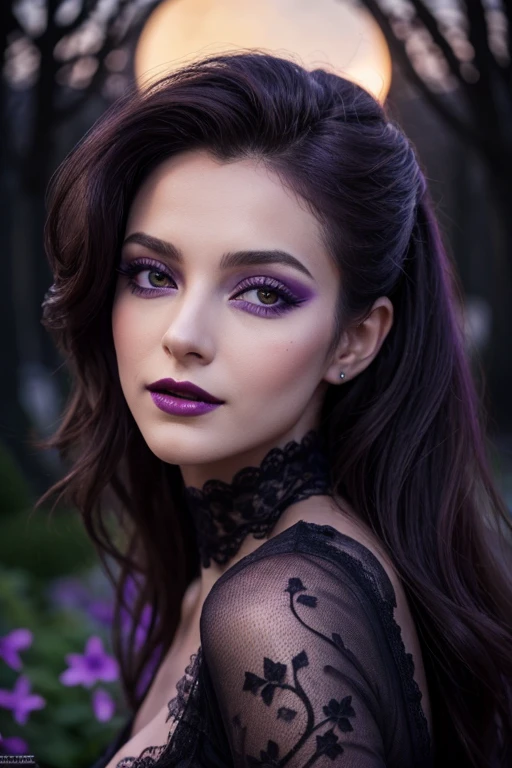 Jeune femme de 25 ans, visage fin, cheveux long, yeux marrons, HD, 8K, masterpiece, sourire romantique, sexy, mascara noir, maquillage noir, black lips, tenue gothique, vêtements noirs et violets, toile d'araignée en dentelle, cheveux noirs et violets, in a cemetery, bodypainting, purple paint, dracula, orage, moon light