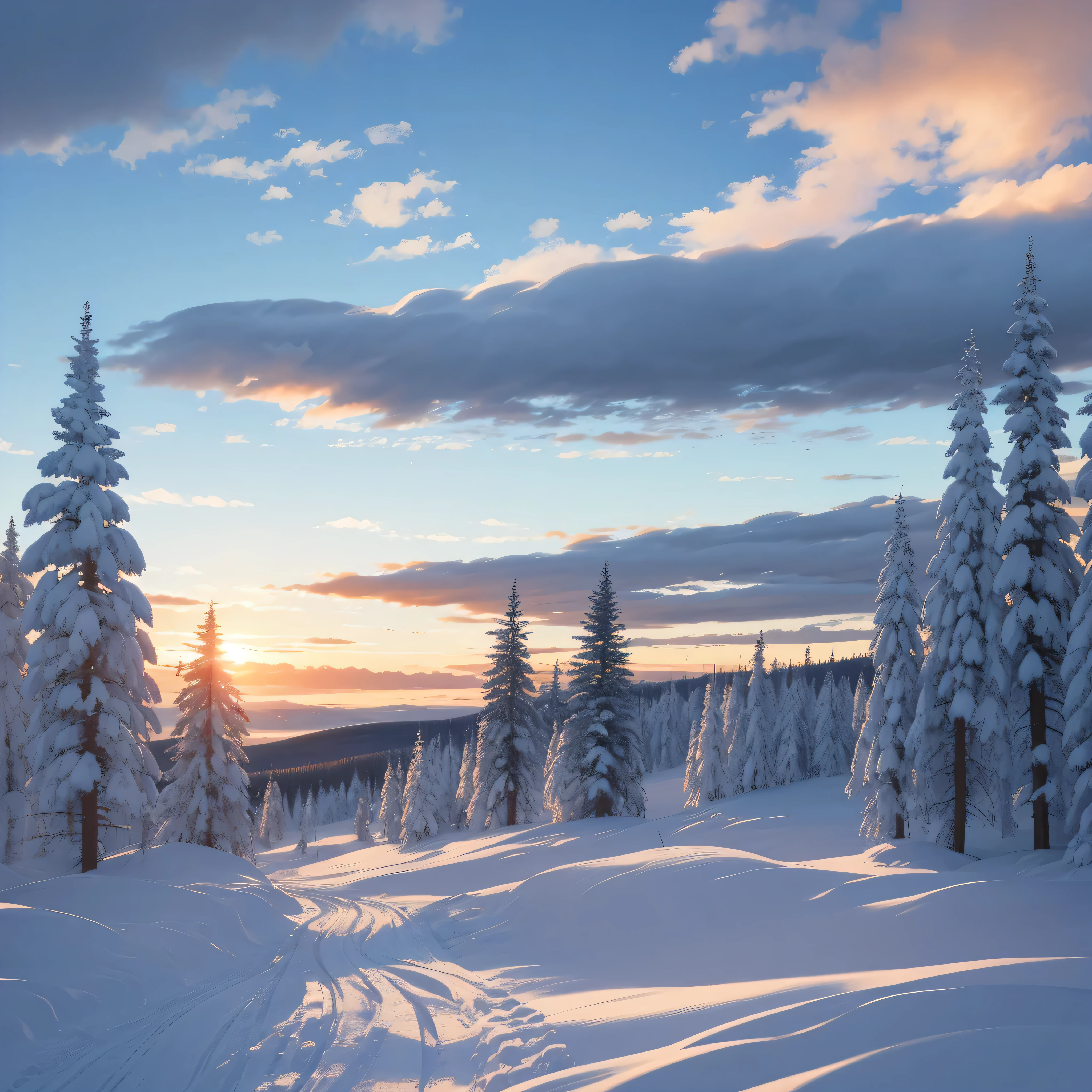 ((best quality)), silent tundra, deep snow, sunset, trees, soft clouds, 