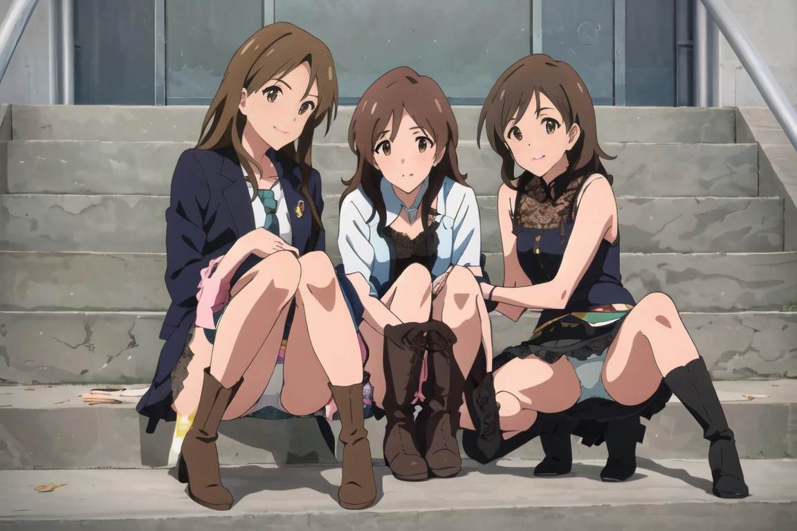 highest quality, Ultra-high resolution, (Realistic: )2D official style cel animation,((Three skinny girls sitting side by side on the stairs in front of the station))Idol Costumes.mini skirt,(Lace panties),Knee-high boots、Full body portrait,(The Idolmaster Shiny Colors),Live Stage、from the front