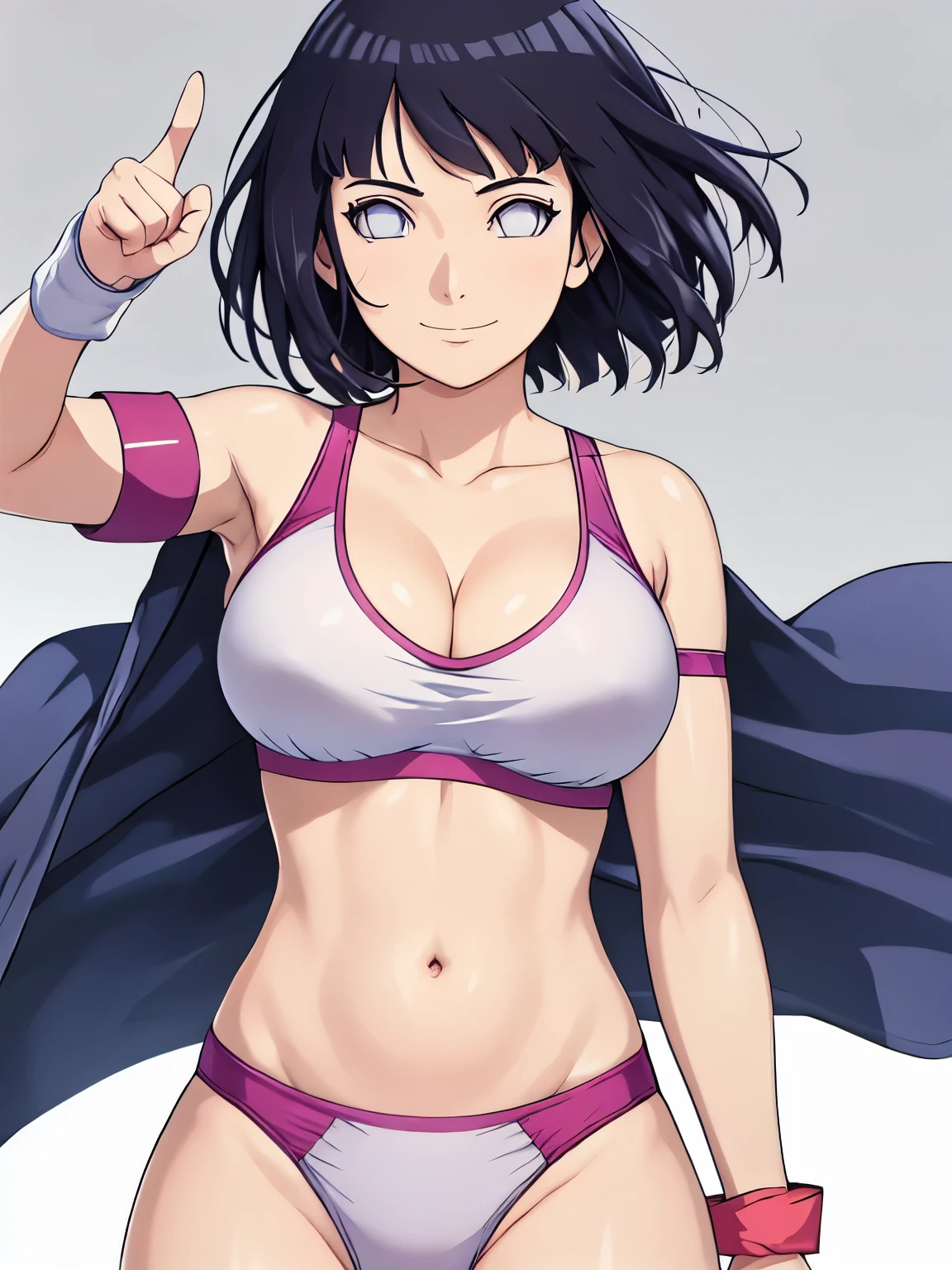 (hinata\(boruto\), (high quality, anime), ((wrestling outfit: premium bra for wrestling, sport armband, sport armband, thong for wrestling)), ((slender woman, off-shoulders, (long belly), thick arms, super detailed body, smile)), ((pointing)), (medium-big breasts, cleavage), closed mouth), tan skin, ((floating hair, dark blue, short hair, hime cut، loose hair), (background: simple white background only), (background: simple white background only, windy)