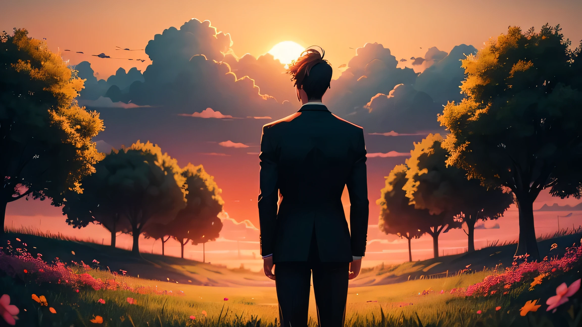 a silhouette of a man standing wearing a suit, facing the sunset in the background, in the middle of green grass field, bushes, trees, colorful flowers, barricade in the background, beautiful cloud formations, orange sky, anime style, 8k, creative, 2D image