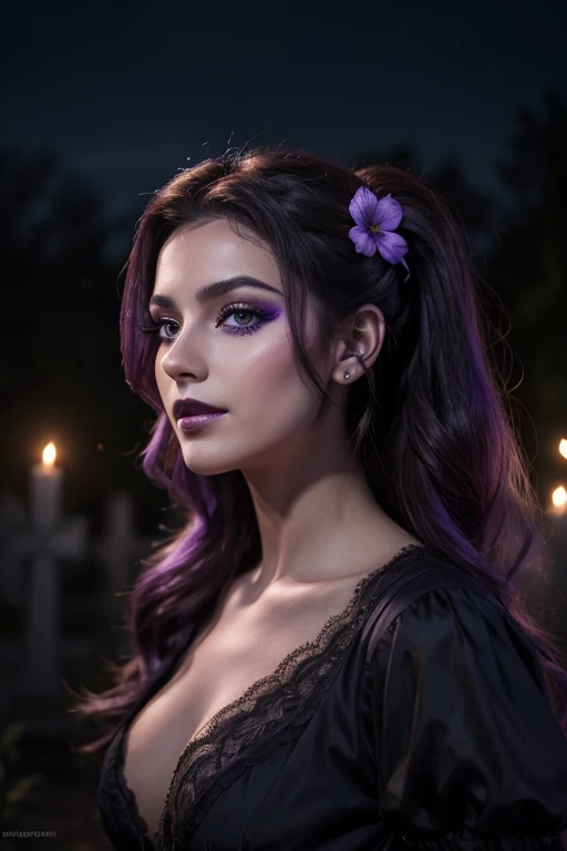 Jeune femme de 25 ans, visage fin, cheveux long, yeux marrons, HD, 8K, masterpiece, sourire romantique, sexy, mascara noir, maquillage noir, black lips, tenue gothique, vêtements noirs et violets, toile d'araignée en dentelle, cheveux noirs et violets, in a cemetery, bodypainting, purple paint, dracula, moon light