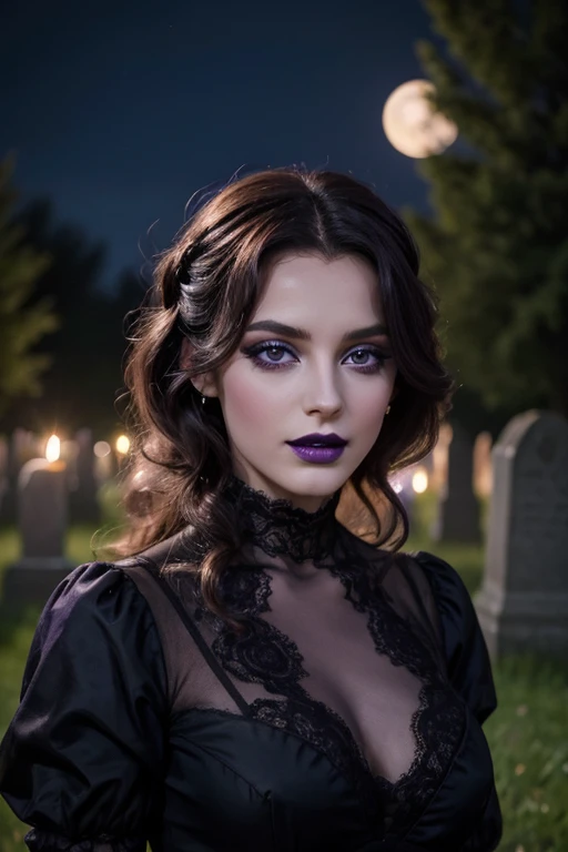 Jeune femme de 25 ans, visage fin, cheveux long, yeux marrons, HD, 8K, masterpiece, sourire romantique, sexy, mascara noir, maquillage noir, black lips, tenue gothique, vêtements noirs et violets, toile d'araignée en dentelle, cheveux noirs et violets, in a cemetery, bodypainting, purple paint, dracula, moon light