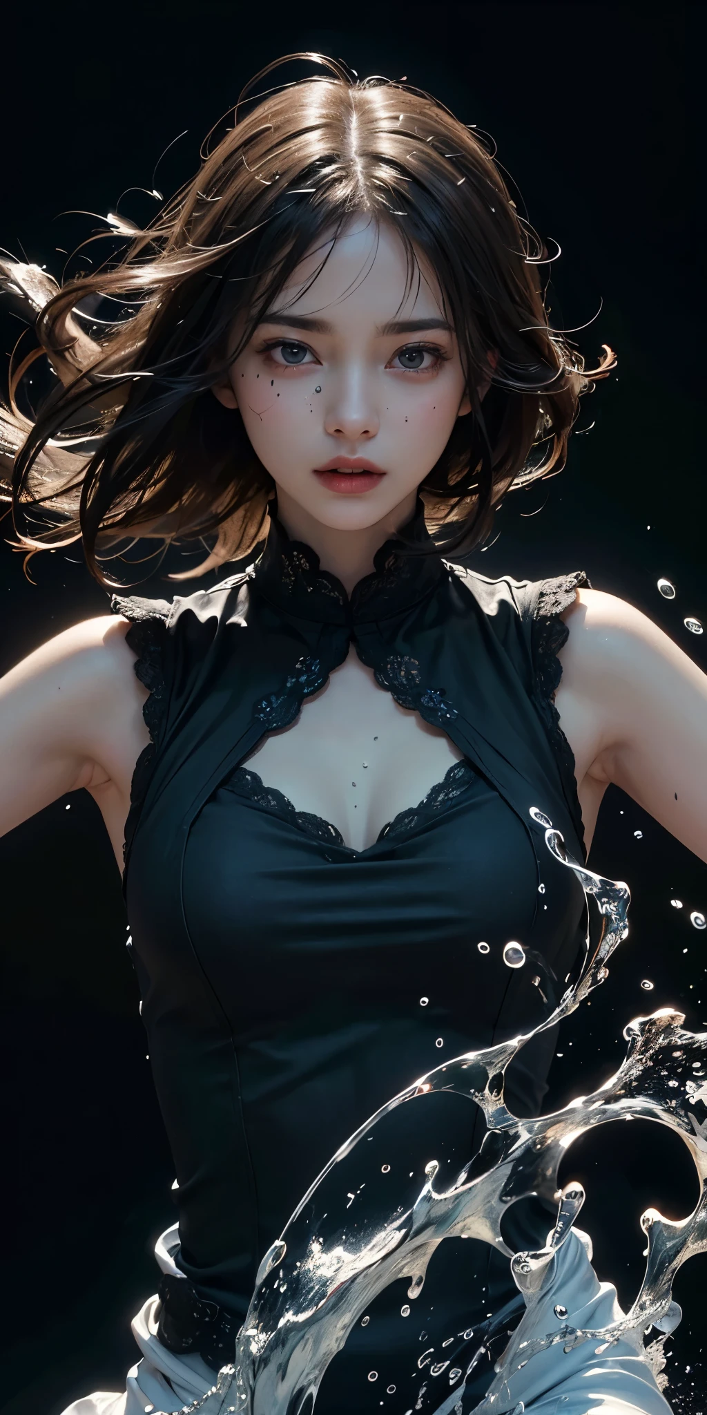ultra high resolution, ((masterpiece))), (((best quality))), ((super detailed)), ((extremely delicate and beautiful)),cinematic light, detailed environment(real), motion blur, depth of field, Black background 1 girl,solo, (splashing:1.3),Beautiful facial details,Are thin,Cinematic realism,