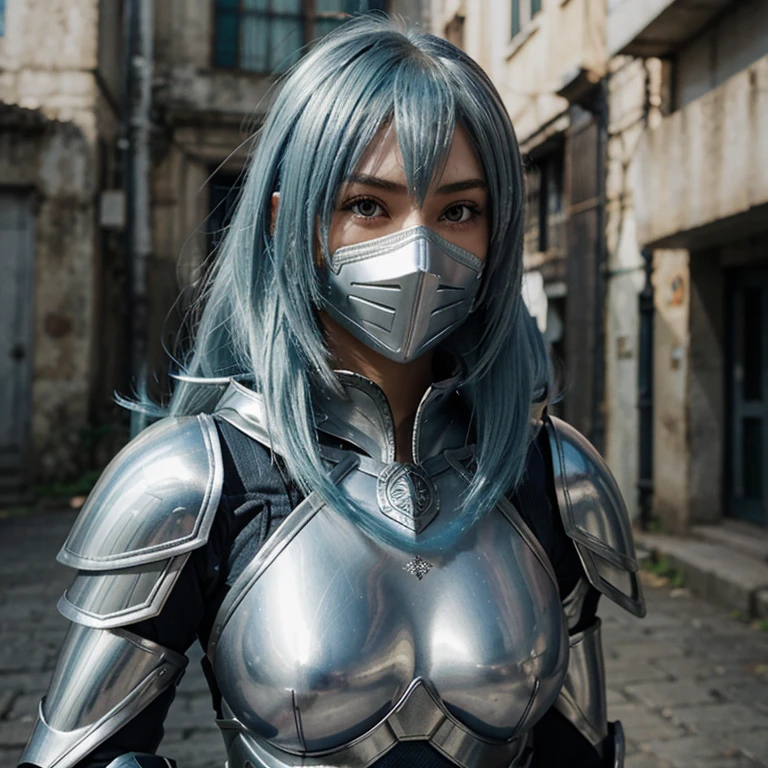 Garota. silver metallic armor. 3D. Anime. holding mask in hand. Cabelo azul azulado. Azul.
