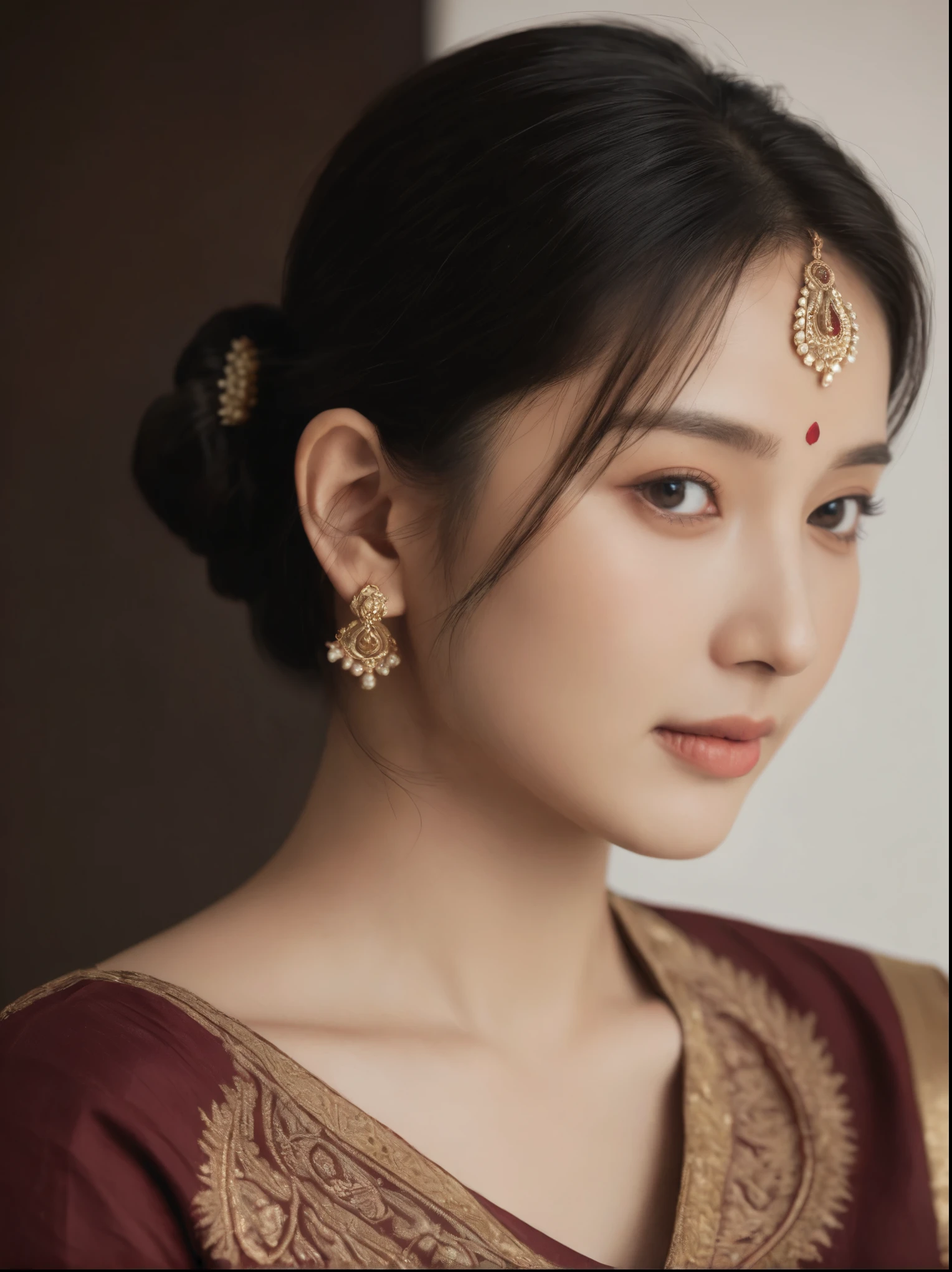 A highly realistic portrait of an Indian girl facing the camera, wearing traditional attire. She has her hair styled in a neat bun, adorned with intricate, colorful earrings, and a traditional red saree with gold embroidery. Her expression is calm and serene, with a subtle, natural smile. Her makeup is light and natural, enhancing her features without being overdone. The background is a soft, neutral brown that complements her attire. The lighting is soft and even, highlighting the details of her face, earrings, and saree.
