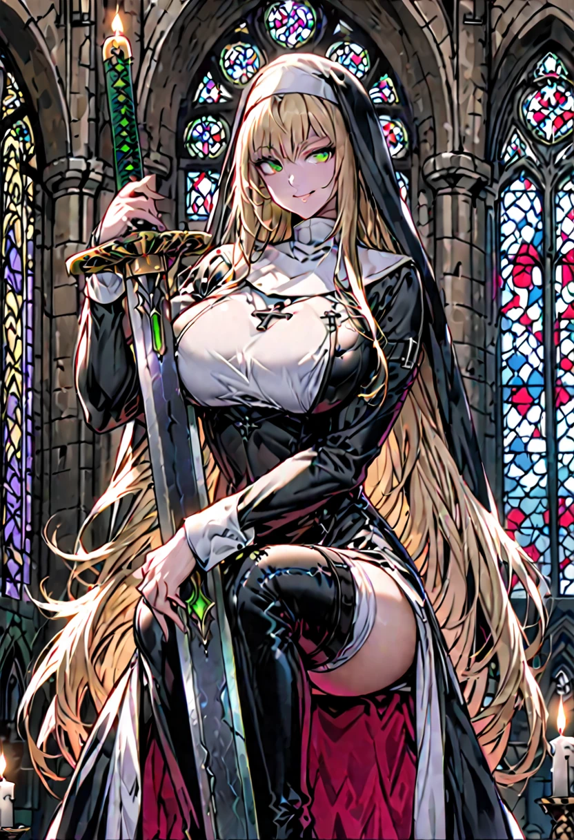 solo, sfw, female, medium shot, nun habit, extremely long hair, blonde hair, straight hair, huge breasts, huge sword, bastard sword, church, stained glass, candle, gentle smile, hand on breasts, thigh high boots, adventurer boots, warm, green eyes, muscular, tall