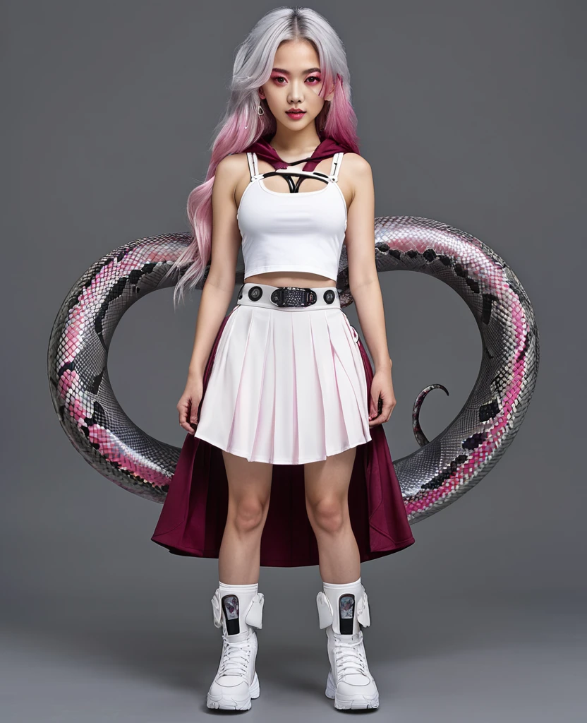 A girl with long grey and Pink mixed hair with dots of vermillon snakes asscesories. Burgundy eyes. wearing a white criss-ross tank top. An oval cut-out is also in the centre of the top. Attached to the top is straps and buckled. White pleated skirt. The Character akso has silver rings in the edge of the skirt. Sliver cyber glider boots. Attach to the soles of the boots is blue glider discs. hoodie.