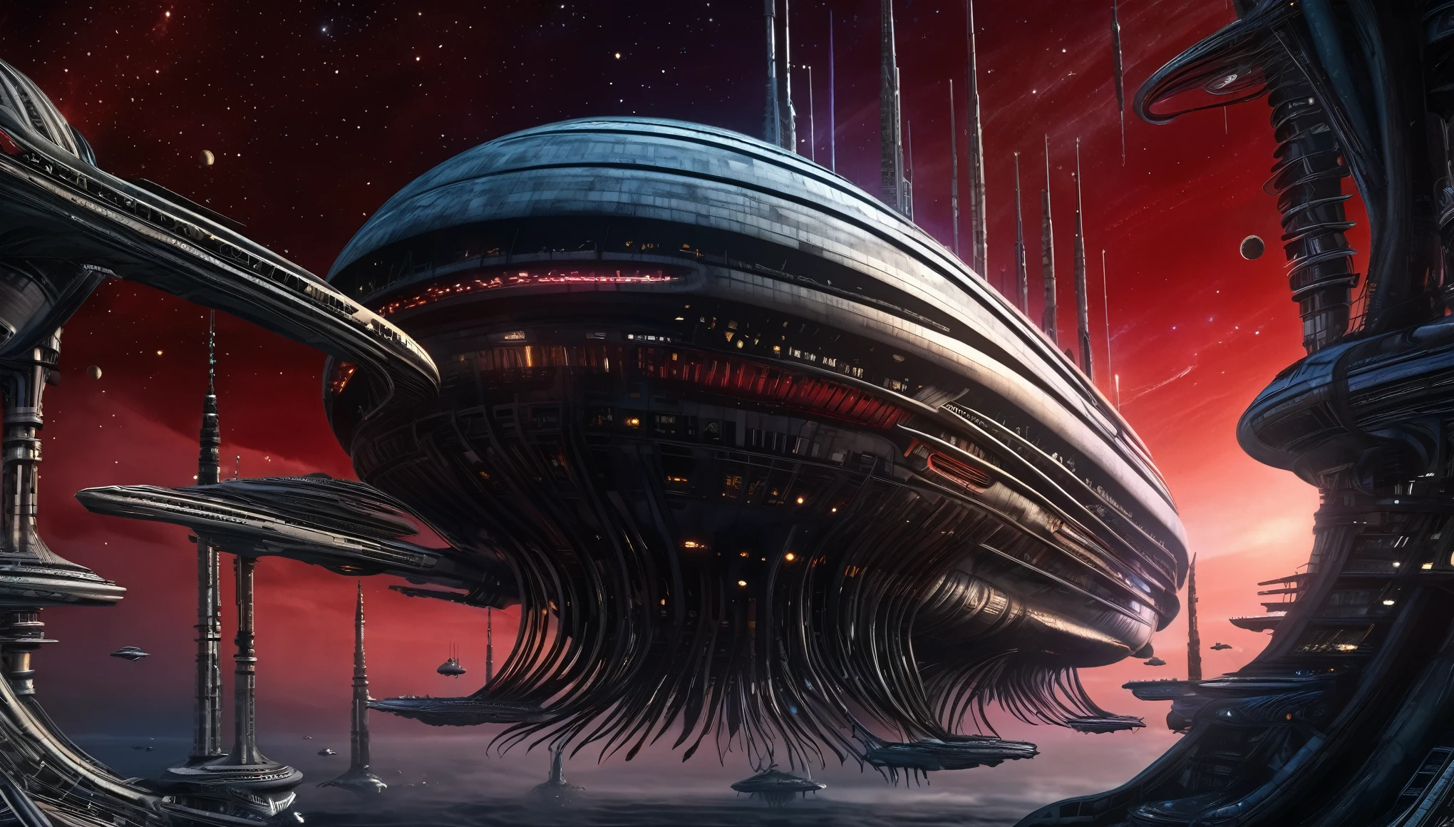 anime aestetics, huge hive-ship, Hans Giger style floating near the star, space scenery, dramatic scene, huge starship, dark red star on the background, curved lines, sciense ficton, sci-fi, beautiful scene, wide shot, from side, 16k, 8k, best quality, highres, high quality, high details, super detail, ccurate, UHD