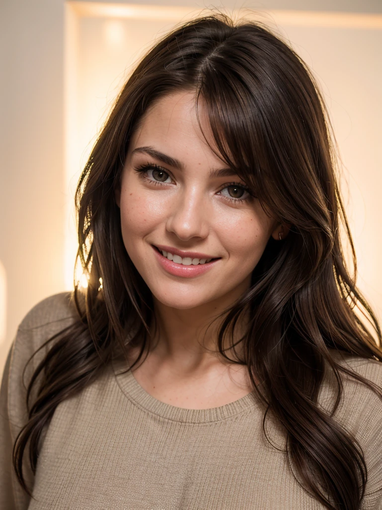 closeup headshot of S414_NatalieMorris,an attractive woman,in front of a (glowing-wall:1.1),wearing a (crewneck:1.1),(smiling),(4k, RAW photo, best quality, 50mm, depth of field, ultra high res:1.1),(intricate, photorealistic, cinematic-shot, masterpiece, ultra-detailed:1.1),