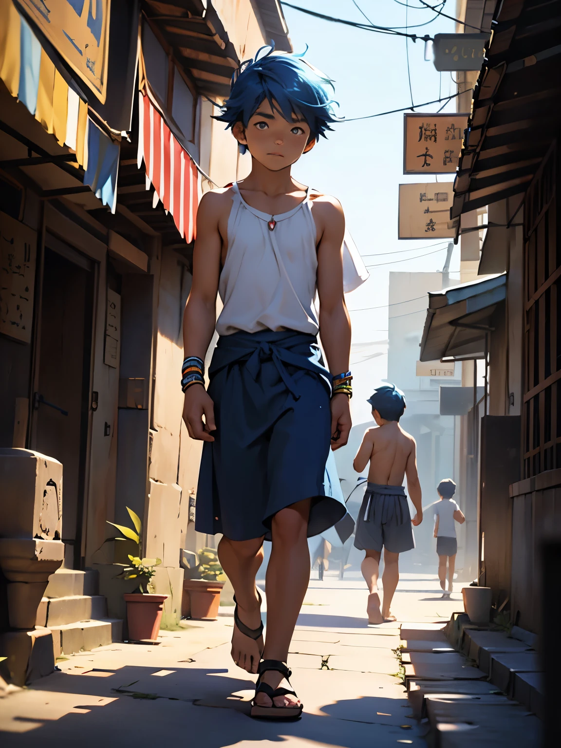 Highres, Masterpiece, Best quality at best,Best Quality,hight quality, hight detailed, 1boy, Boy,Fluffy hair, Side bangs, Shota, Thin young boy without a shirt, Blue hair, he walks lost looking at a city, 14-years-old, Egyptian tribal skirt on, (very young boy), 12-year-old boys, Blurry and simple beckground, bokeh, Uhd