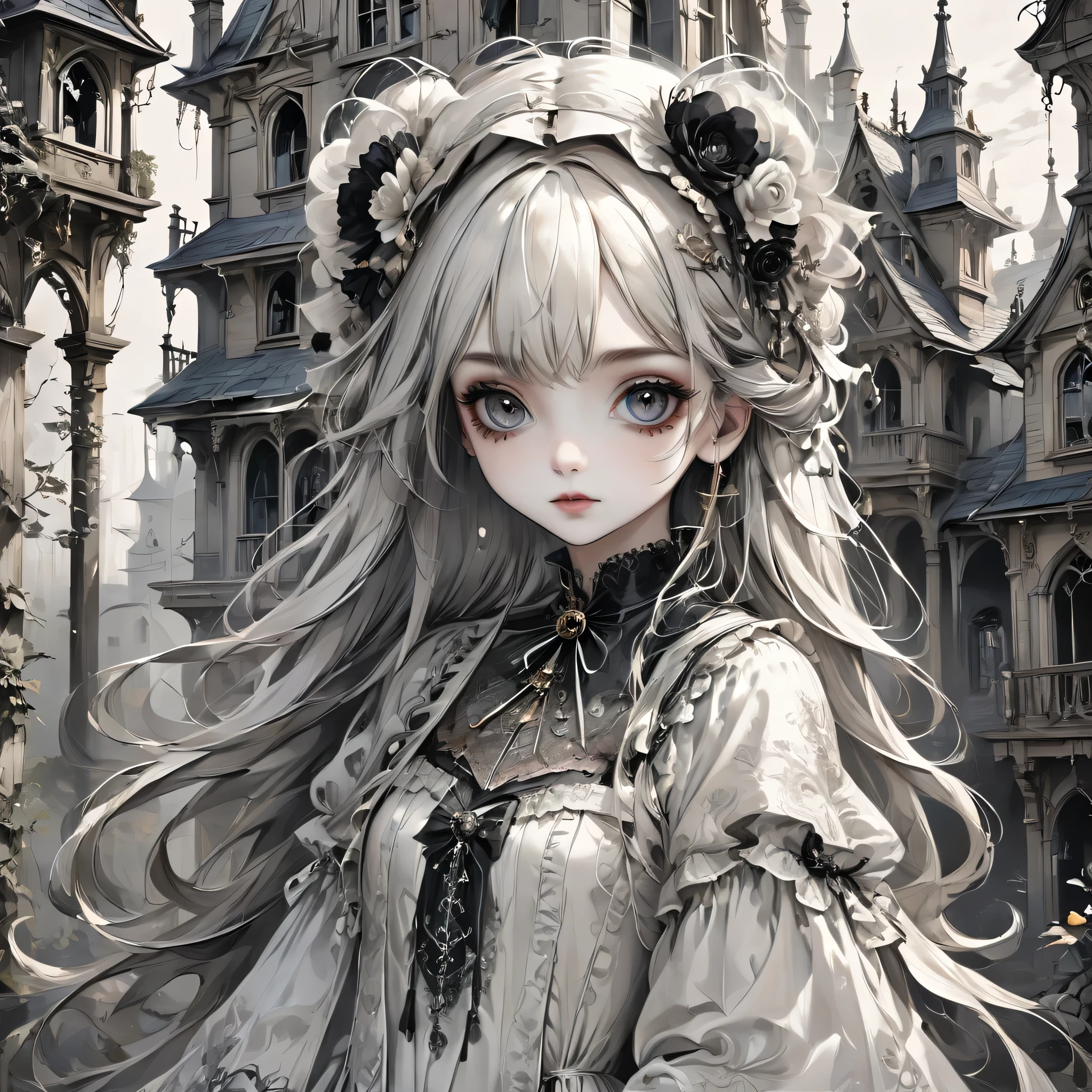Gothic horror paintings,((Beautiful girl standing:Gothic Lolita:12 years old:Ephemeral:beautiful girl:cute:Adorable:Perfect Face:white:eyelash:Big eyes)),Gothic House,Recall,Black and white,scary but beautiful,Gothic Beauty,Expressing beautiful madness,Shrouded in mystery,Placing dark clouds that foreshadow tragedy in a beautiful gothic house,,detailed,Use red as an accent color,Race,embroidery,Detailed patterns,rendering,Designer House,Luxury Homes,Nice,quiet,Beautiful light and shadow,Gothic Room,Golden Ratio,Anatomically correct,Rococo