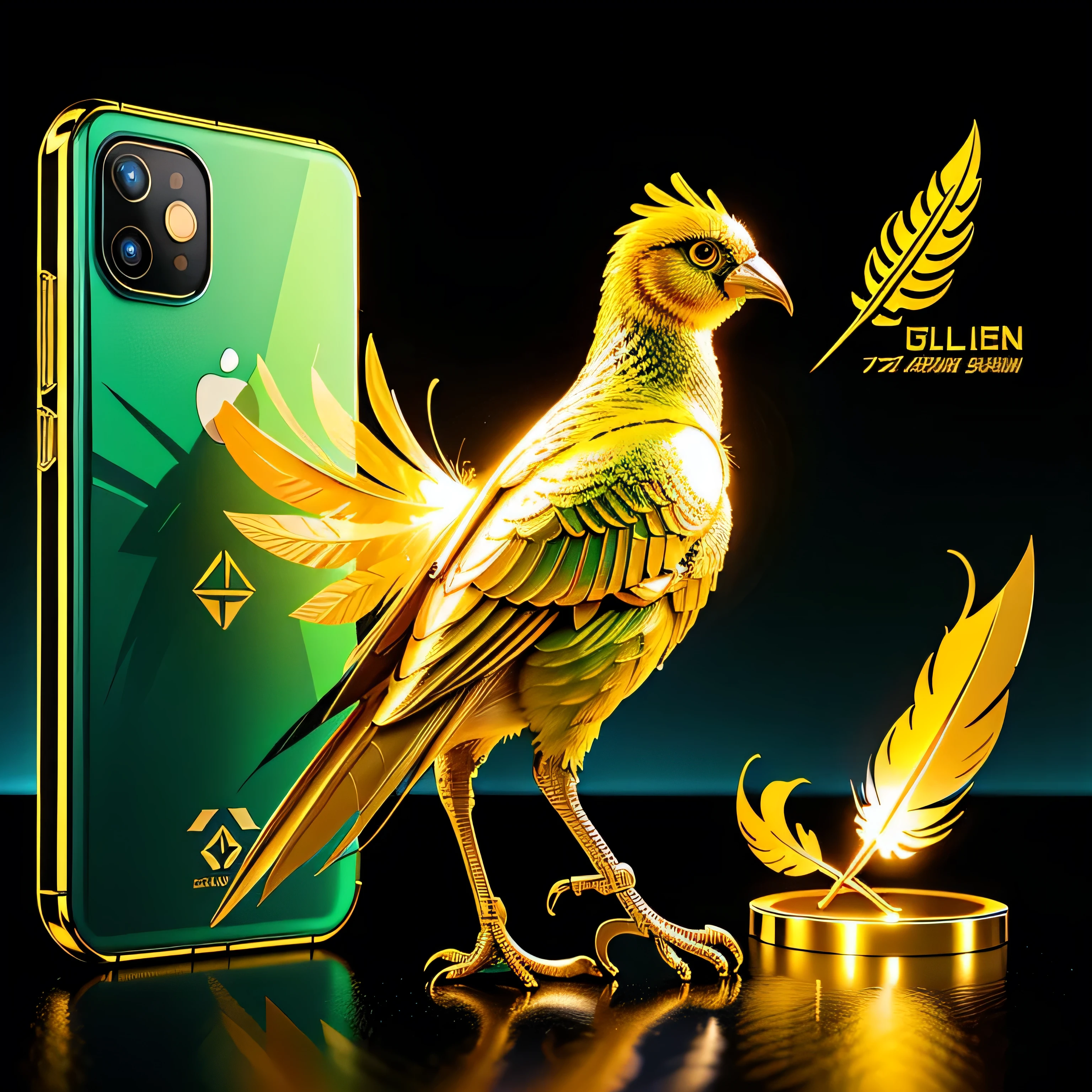 A shot of the seventh generation phone)), Sci-fi style, background with,design(( Art of the future,Many colors, unique assortment, An advertisement shot for the new smartphone, It contains a 3D cylinder-shaped camera, Sparkling side edges, ((The logo of the producing company is carved on it: Logo type: golden bird feather)), Accuracy of advertising design,