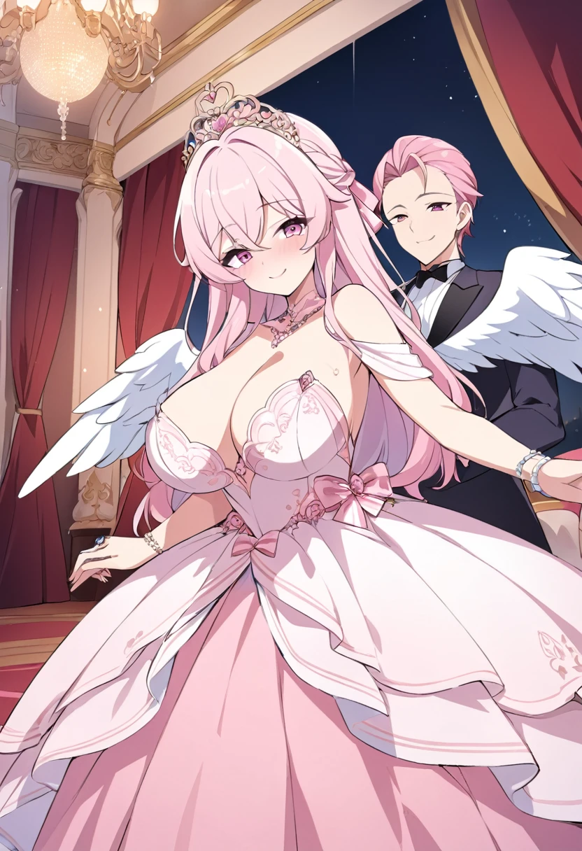 Rosa, 18 years old, long light pink hair, pink eyes, big breasts, wearing her pink gala dress with her winged engagement ring from her fiancé, the prince, with a kind smile in the royal ballroom at night..hentai