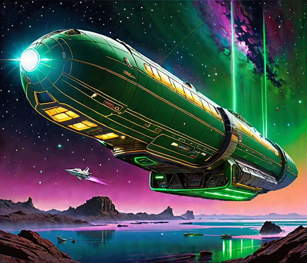 A stunningly detailed and futuristic sci-fi portrait of a massive starship, inspired by Winslow Homer's artistic style and featuring neon gold and neon forest green as the primary colors. The ship's design is reminiscent of the Agamennone from Babylon 5, which is the base, or main part of the ship. It has cream-colored crystalline nacelles angled at 75° and emitting a neon plum light, which come up from the base, at 75°.The ship's bridge is a cylindrical version of a 1974 Winnebago that's an impressive 108 ft in length, 72 ft wide, and 36 ft high, while the cylindrical middle section stretches an impressive 72' high, 288 ft long, and 144 ft wide. The mid section, resembling a streamlined Freightliner, measures an astonishing 576' long, 864ft wide, and flys about the cosmos. Currently it's flying near a giant version of a Neptune-Eath-esque planet. There's a nebula nearby, asteroids, a comet, a multitude of stars, and a few ships in the background.