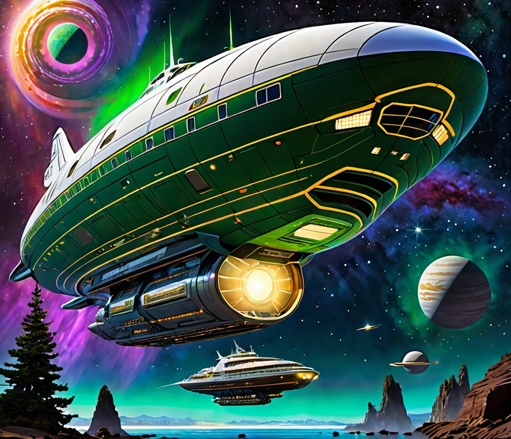 A stunningly detailed and futuristic sci-fi portrait of a massive starship, inspired by Winslow Homer's artistic style and featuring neon gold and neon forest green as the primary colors. The ship's design is reminiscent of the Agamennone from Babylon 5, which is the base, or main part of the ship. It has cream-colored crystalline nacelles angled at 75° and emitting a neon plum light, which come up from the base, at 75°.The ship's bridge is a cylindrical version of a 1974 Winnebago that's an impressive 108 ft in length, 72 ft wide, and 36 ft high, while the cylindrical middle section stretches an impressive 72' high, 288 ft long, and 144 ft wide. The mid section, resembling a streamlined Freightliner, measures an astonishing 576' long, 864ft wide, and flys about the cosmos. Currently it's flying near a giant version of a Neptune-Eath-esque planet. There's a nebula nearby, asteroids, a comet, a multitude of stars, and a few ships in the background.