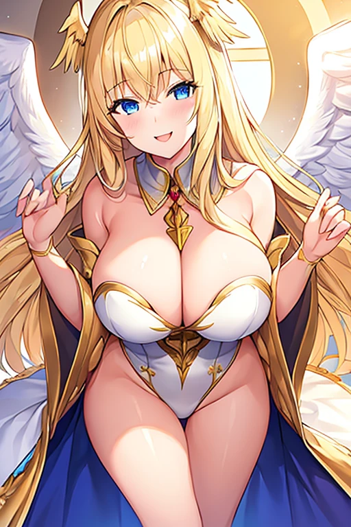 1girl, blonde hair, tall, tall female, mature female, large breasts, long hair, angel wings, wings, aureola, golden trim, gold trim, leotard, white leotard, smile, light smile, blue eyes