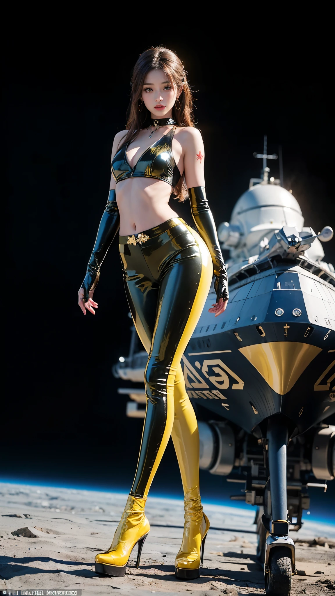 ((masterpiece:1.4)、(highest quality:1.4)、(Realistic:1.7))、Masterpiece:1.4、(Top-notch rendering:1.4)、(Kaoru, the beautiful navigator of the Space Battleship Fuji:1.4)、Super Beauty航海士Kaoru、(By Luis Royo:1.4)、(A uniform that accentuates your beautiful figure:1.2)、(Futuristic sci-fi battle fashion:1.2)、(Street Style Wear)、(Tight Fit Pants)、(Shiny luxury latex:1.4)、(Luxury yellow latex:1.4)、19 years old、(Cute Tattoos:1.4)、(Wearing yellow gloves)、Cute Girl、Super Beauty、(Seductive pose)、Sharp Focus、Portrait Photography:1.4、8k、Photorealistic images:1.4、(Perfect female body:1.4)、Perfect proportions、(Standing:1.4)、(Upper body shot:1.4)、Beautiful Face、Fearless look、Beautiful Eyes、(A girl with a beautiful body and slender abdominal muscles)、(Narrow waist:1.4)、(9-body proportions beautiful girl:1.4)、(A beautiful girl with long legs and a good figure:1.4)、Beautiful feet:1.4、(Long Hair:1.2)、Heavy makeup、Eyeshadow、Glow Eye、Glow Lip、Beautiful breasts、Large Breasts:1.2、sexy ass、(Standing facing forward:1.4)、Raw photo、Red lips、Yellow high heels:1.4、choker:1.4、necklace:1.4、Earrings:1.4、1 Screen Display:1.4、Space Battleship Fuji's bridge:1.2