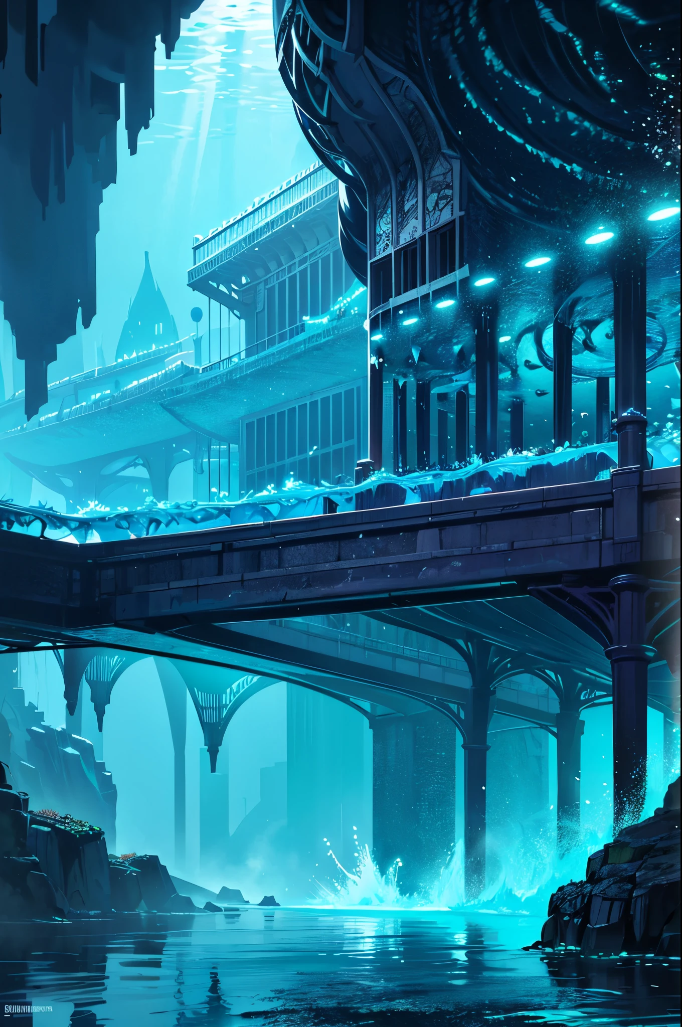 A mesmerizing underwater metropolis, hidden deep beneath the ocean's surface, reveals a spellbinding spectacle of bioluminescent wonders. The city glows with an otherworldly radiance, generated by the myriad of living organisms that flourish within its aquatic environment. Towering edifices ascend from the ocean floor, their walls encrusted with vibrant corals and sea anemones, which dance gracefully in the water currents.
Swirling schools of kaleidoscopic fish navigate the city's complex network of caverns and tunnels, weaving between the monumental structures as they glide effortlessly. Suspension bridges stretch between