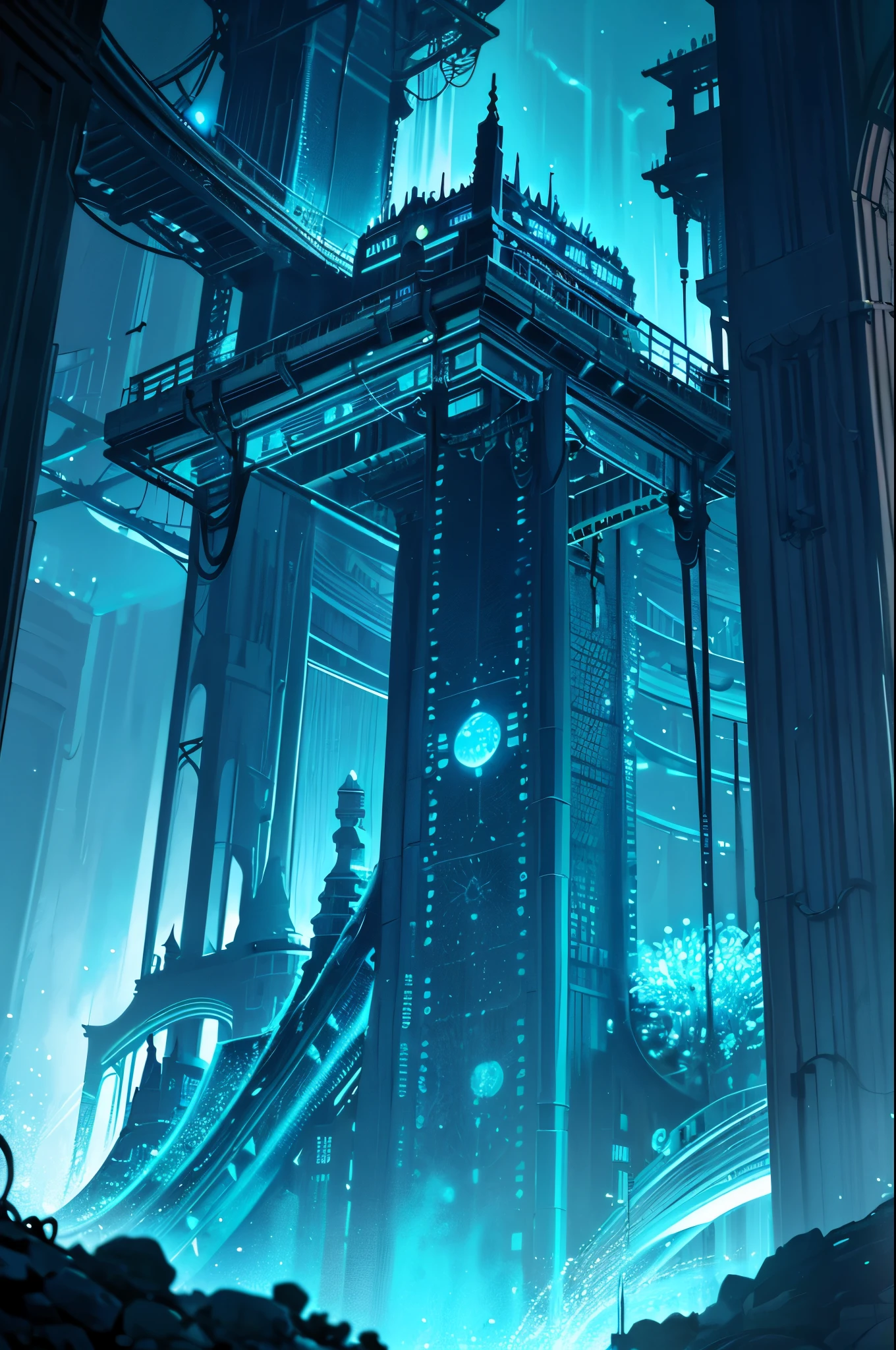 A mesmerizing underwater metropolis, hidden deep beneath the ocean's surface, reveals a spellbinding spectacle of bioluminescent wonders. The city glows with an otherworldly radiance, generated by the myriad of living organisms that flourish within its aquatic environment. Towering edifices ascend from the ocean floor, their walls encrusted with vibrant corals and sea anemones, which dance gracefully in the water currents.
Swirling schools of kaleidoscopic fish navigate the city's complex network of caverns and tunnels, weaving between the monumental structures as they glide effortlessly. Suspension bridges stretch between
