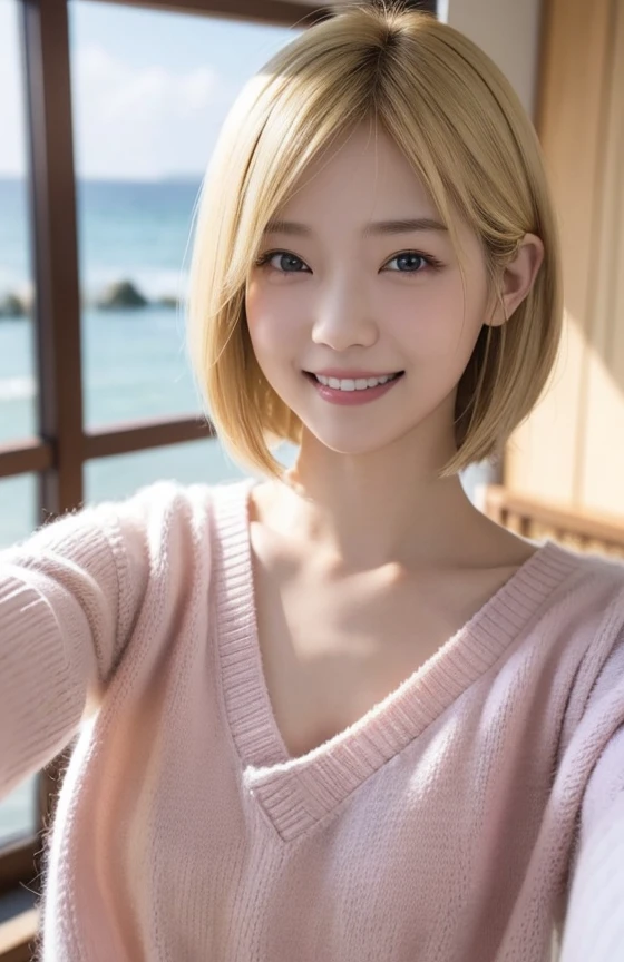 One woman、((Smile 1.6)) 、With Bangid Chest 1.6))、Looking at the camera(Tabletop:1.3), High resolution, Ultra-detailed, Highly detailed 8k wallpaper, Realistic, Photorealistic, RAW Photos, Beautifully detailed face, Pale skin, Detailed cloth texture, Detailed hair texture, Beautiful Face, Acura, Anatomically correct, Highly detailed face and skin texture, Natural neck length, (Fair skin:1.2), Blonde short cut、Japanese women, 22 years old、Detailed eyes、Cute realistic pictures((Smile 1.6⦆、The background is a blurred coast、Knitwear in pastel colors、Selfie