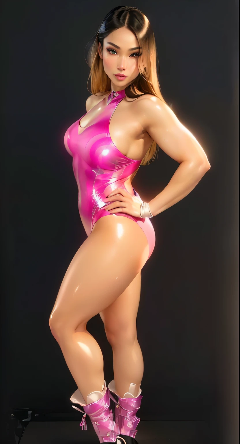 Real photography, woman wrestler in pink tights ultra real Photo of a woman standing in front of a gray background, full body visible, staring directly into the camera with a centered front view, her features a composite of beauty ideals including the perfect facial features resembling Diane Guerrero, AnnaSophia Robb's hyperreal brows, the piercing blue eyes of Heather Graham, the distinctive nose structure of Lucy Liu, and lips shaped like Kerry Washington's, all harmonizing to emulate the golden ratio, her skin is pale with an immaculate, glossy finish, (expressive, symmetrical, shiny!!!!, highly detailed glowing, kind, blue!!, beautiful detailed, extremely detailed, longeyelashes, mesmerizing gaze, sparkling, expressive, colorful palette) eyes, (normal-sized iris), ((pale, clear, moist, shiny glossy, oily) skin), (blonde hair from roots to tips), (complete absence of makeup), ultra realistic lips, (Professional lighting), ultra-high resolution:1.9, best quality:1.9, masterpiece:1.9, ultra realistic:1.9, Ultra-clear:1.9