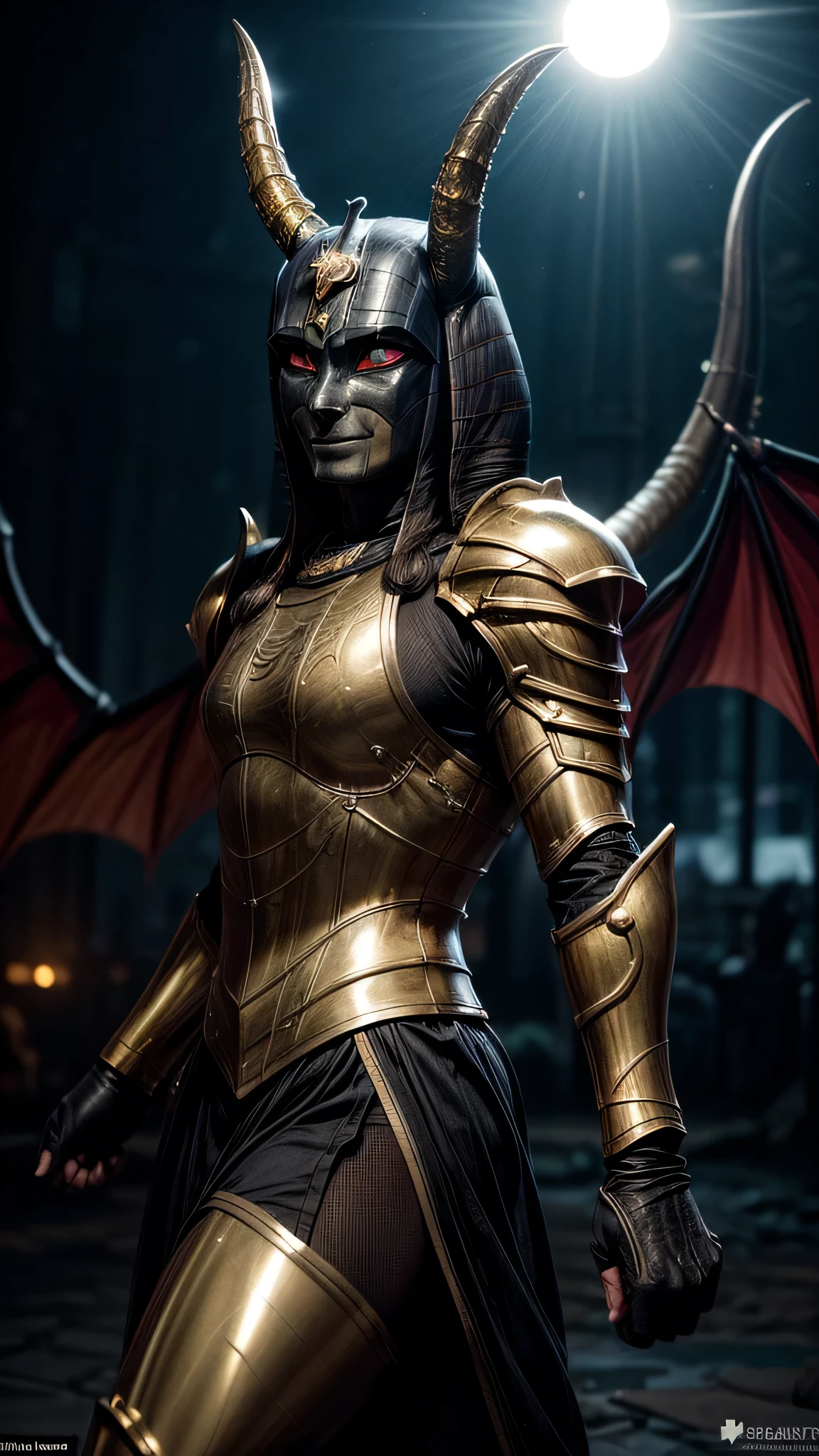 ((best quality: 1.5, masterpiece)), intricate details, soft focus, professional, real life, realistic representation of the face, dim volumetric lighting, dynamic pose, in the style of realistic and hyper detailed renderings BREAK ((overexposed, ((Anubis, horned golden armor:1.4, (Anubis))), knight fantasy dragon wings, diffraction spikes, raging anger, (glowing red eyes, man, masculine, male))), film grain, bokeh, black background, dark empty room, golden hour, emerald, nose piercing, smiling, playing, photorealistic, hyper-realistic, 8K
