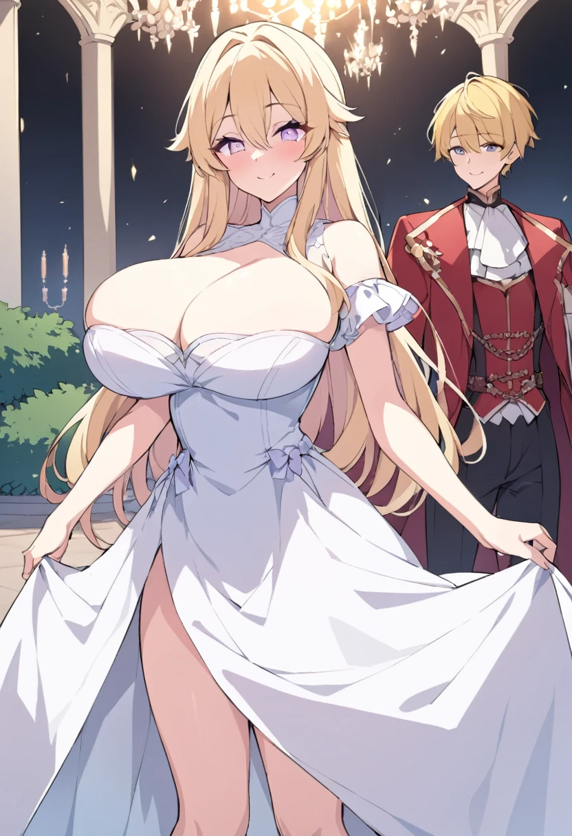 Cristalina, 20 years old, long blonde hair, light lilac eyes, huge breasts, open white dress, standing in the palace garden in the dark with the prince alone, looking into his eyes with a happy smile..hentai