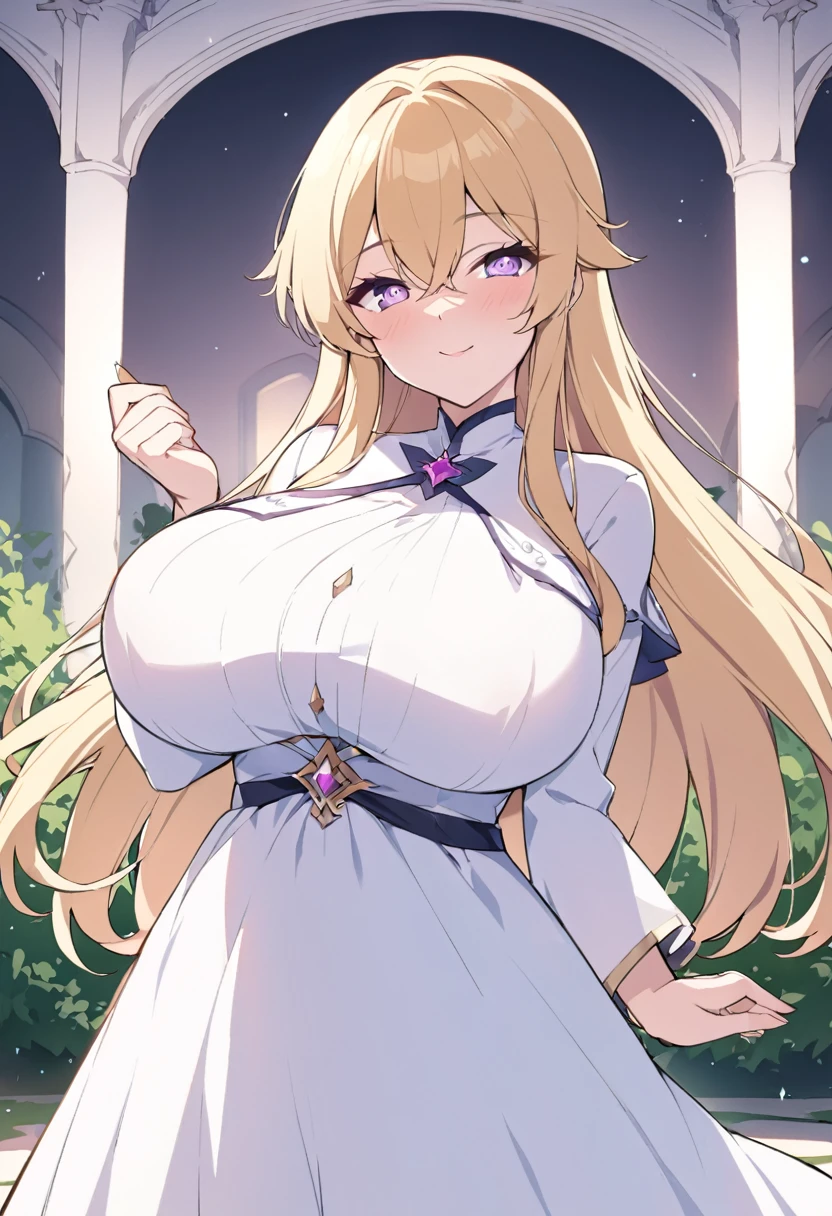 Cristalina, 20 years old, long blonde hair, light lilac eyes, huge breasts, open white dress, standing in the palace garden in the dark with the prince alone, looking into his eyes with a happy smile..hentai